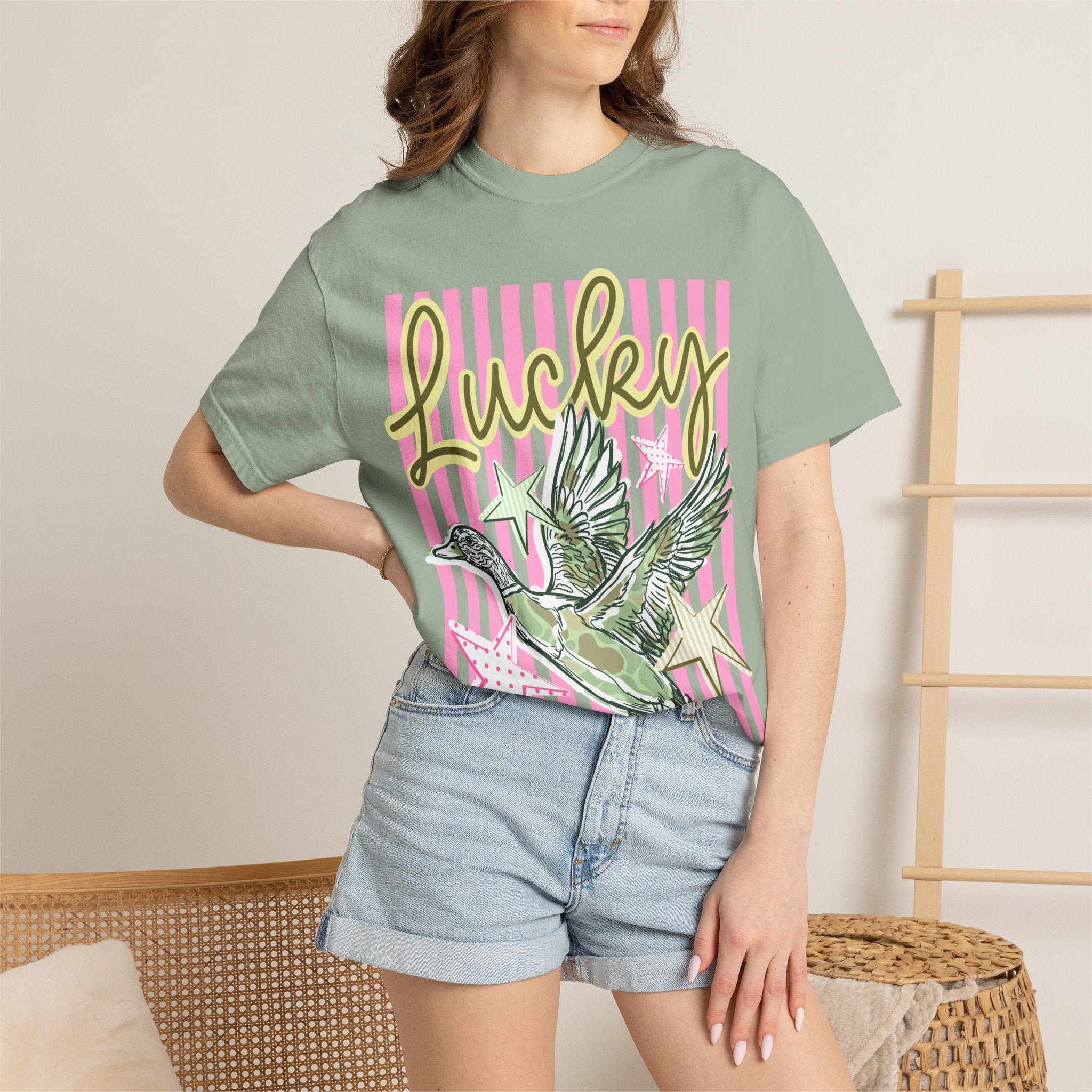 Lucky Duck T-Shirt — Retro Striped Graphic Tee with Flying Duck & Stars