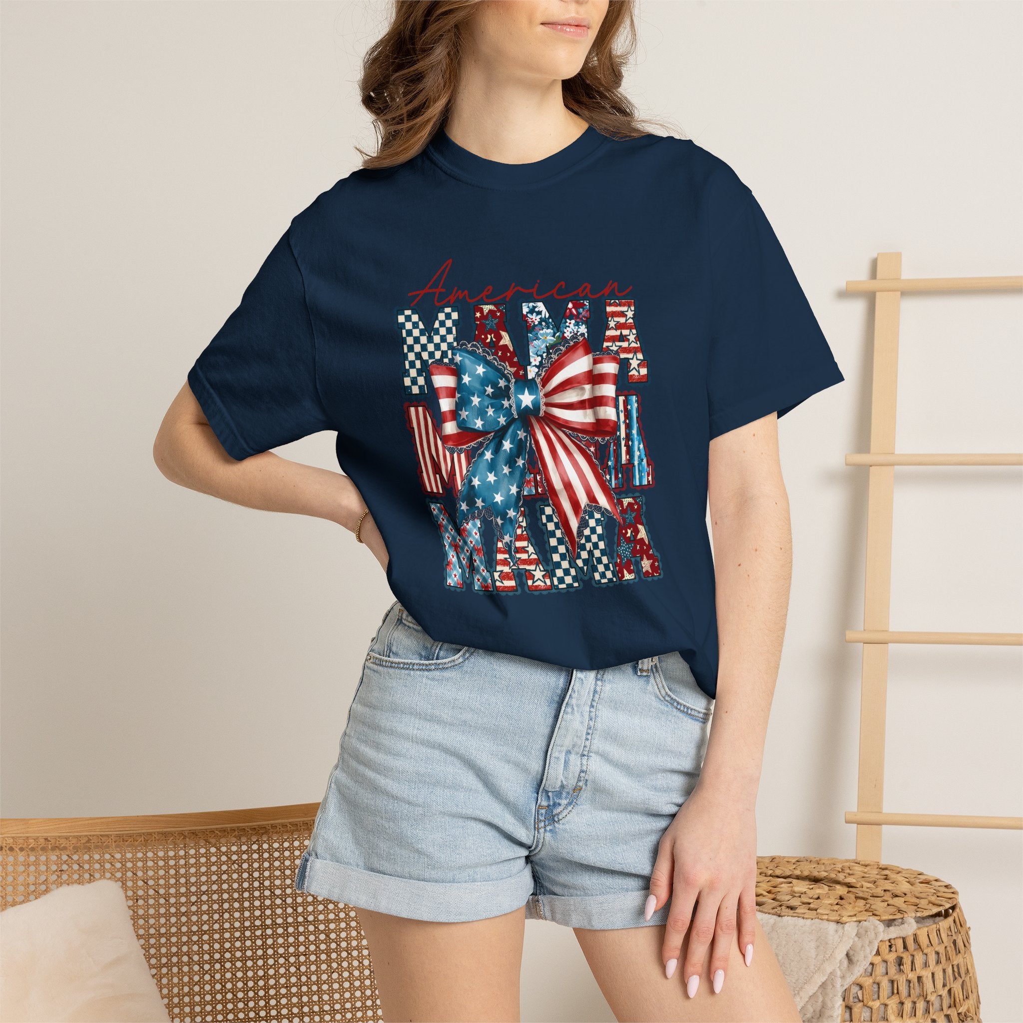 Patriotic Mama T-Shirt — American Flag Bow Graphic Tee