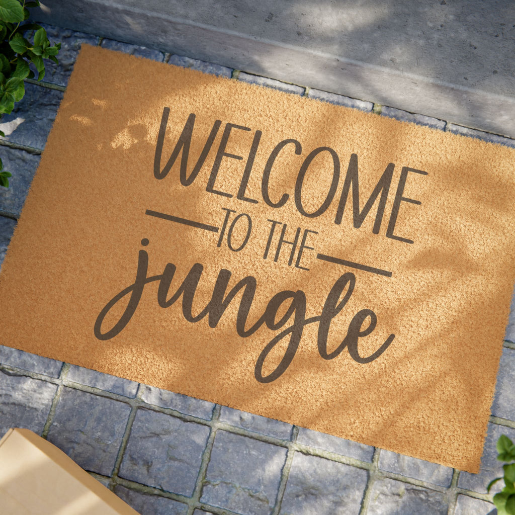 Welcome to the Jungle Doormat — Coir Entry Mat with Script Text, Funny Tropical Welcome