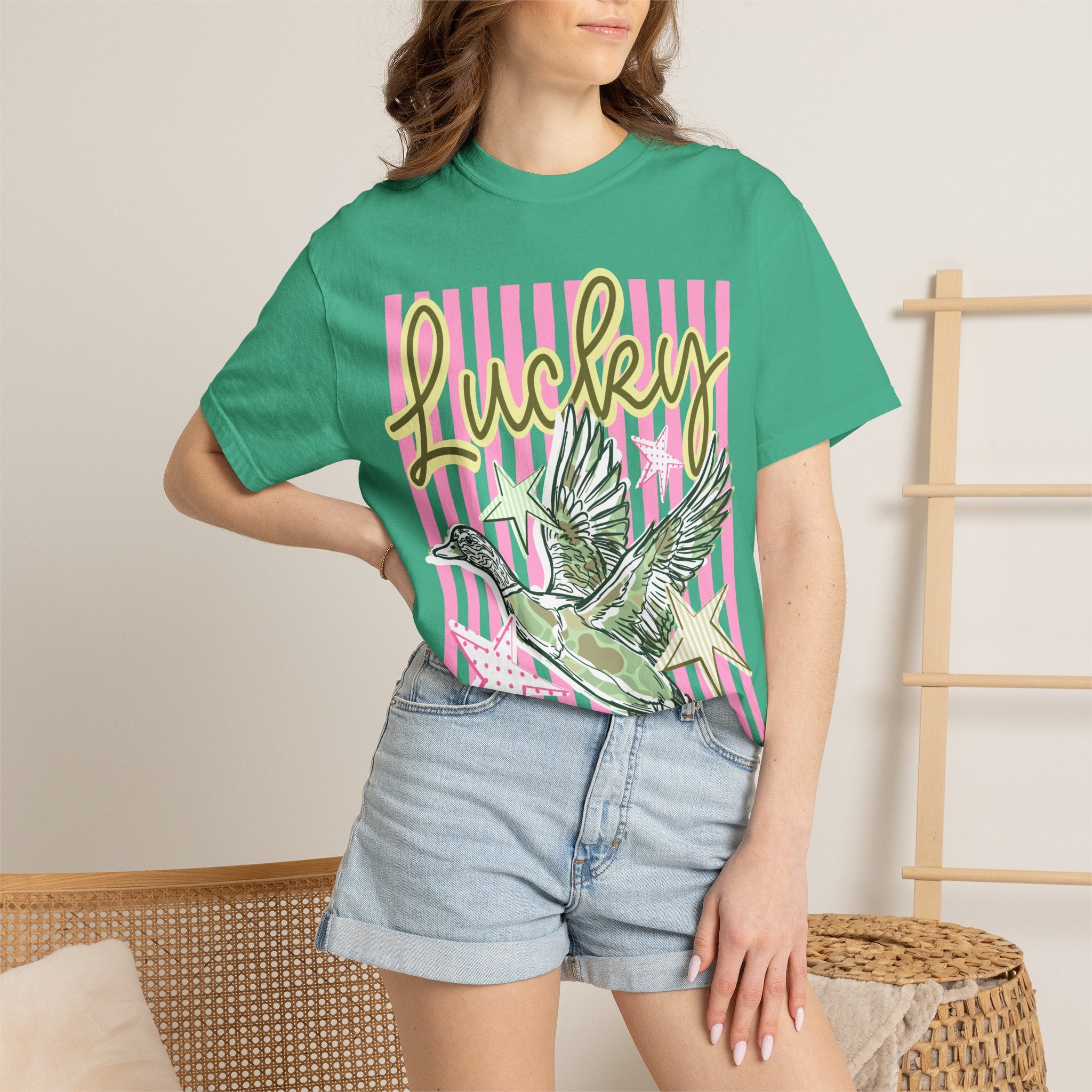 Lucky Duck T-Shirt — Retro Striped Graphic Tee with Flying Duck & Stars
