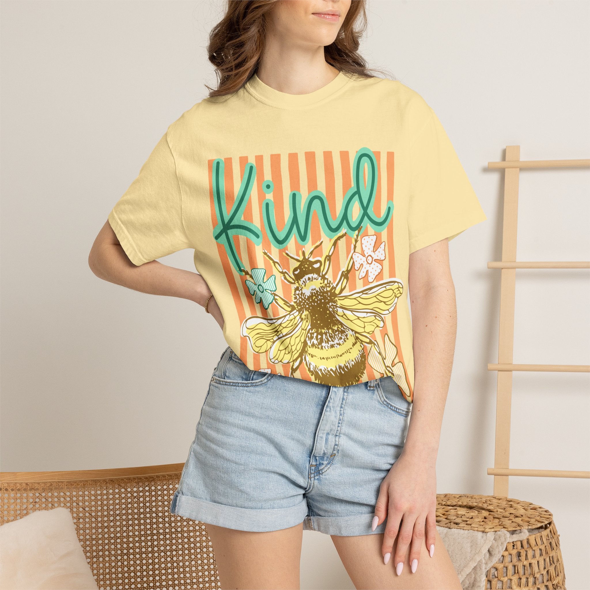 Kind Bee Graphic T-Shirt — Floral Striped Positive Vibes Tee
