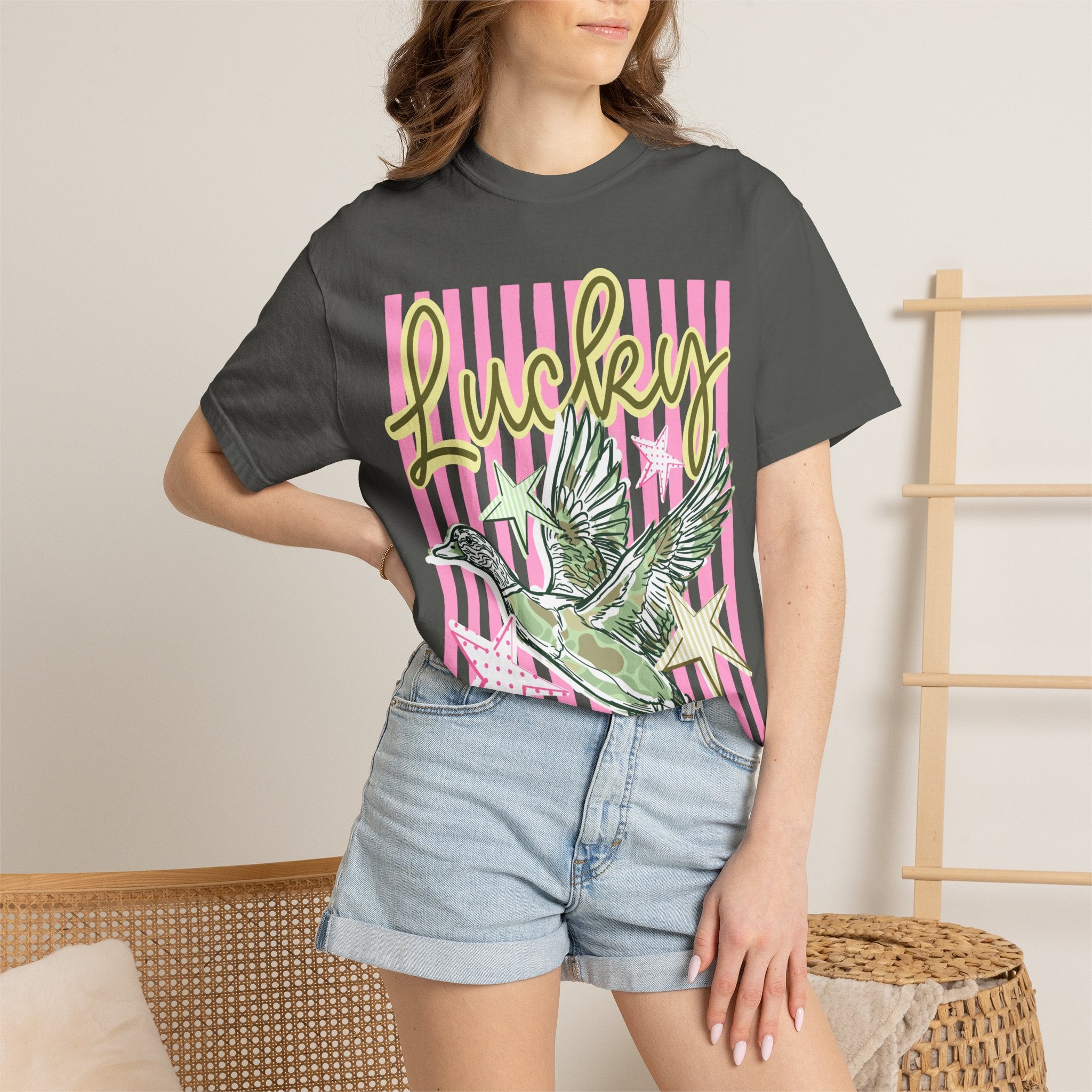 Lucky Duck T-Shirt — Retro Striped Graphic Tee with Flying Duck & Stars