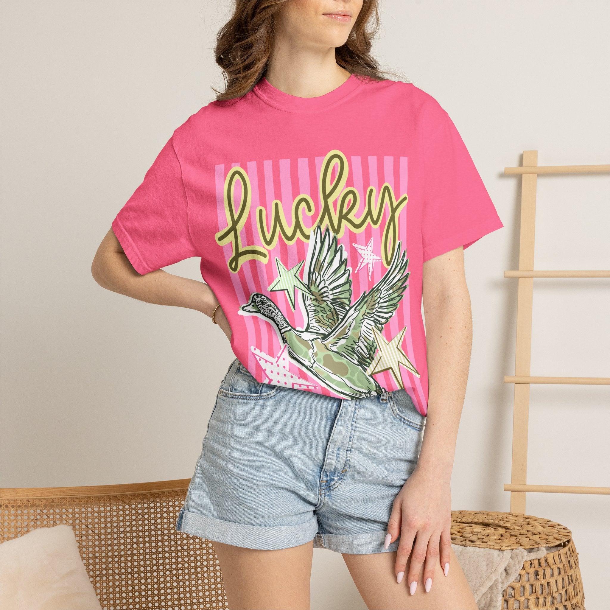 Lucky Duck T-Shirt — Retro Striped Graphic Tee with Flying Duck & Stars