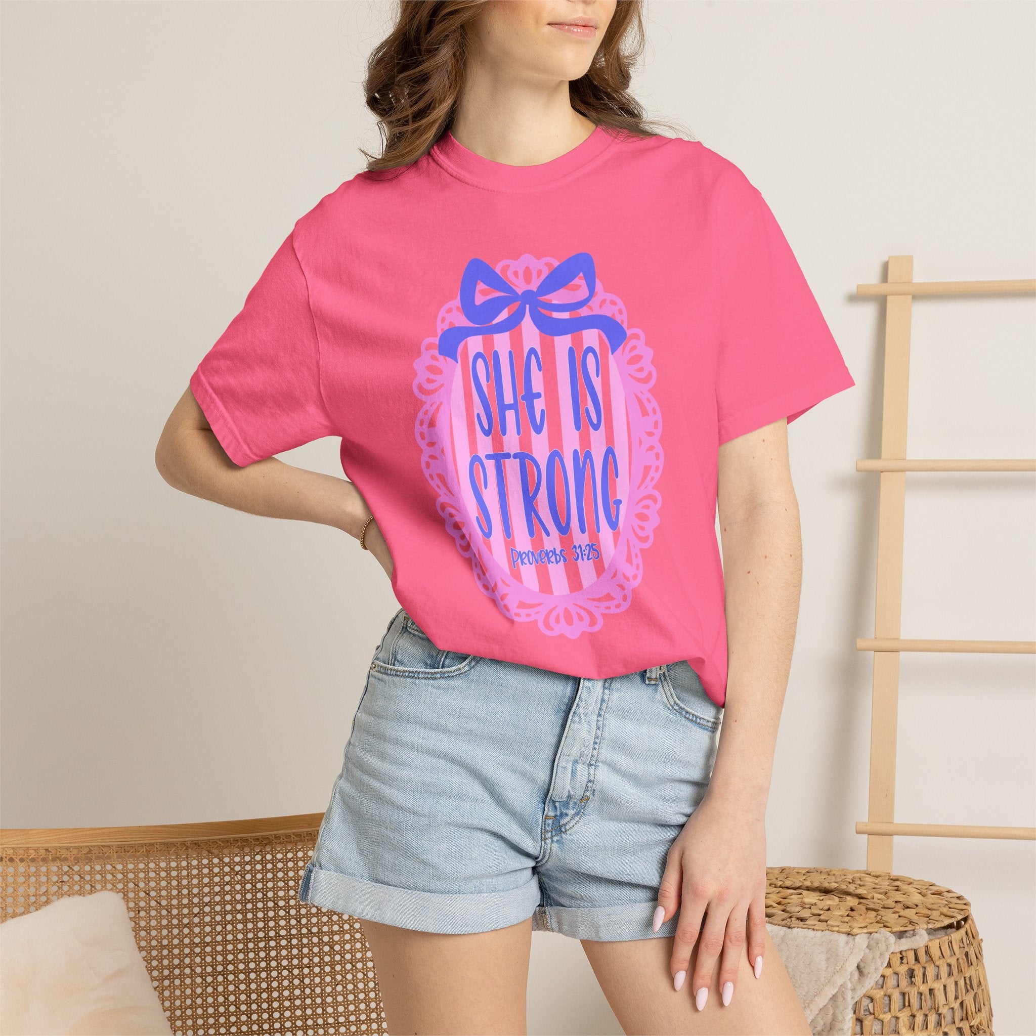 She Is Strong T-Shirt — Feminine Inspirational Graphic Tee (Scripture: Proverbs 31)