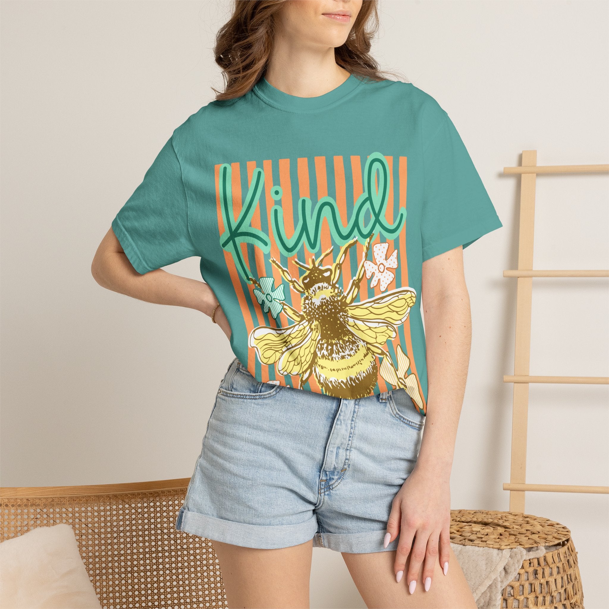 Kind Bee Graphic T-Shirt — Floral Striped Positive Vibes Tee
