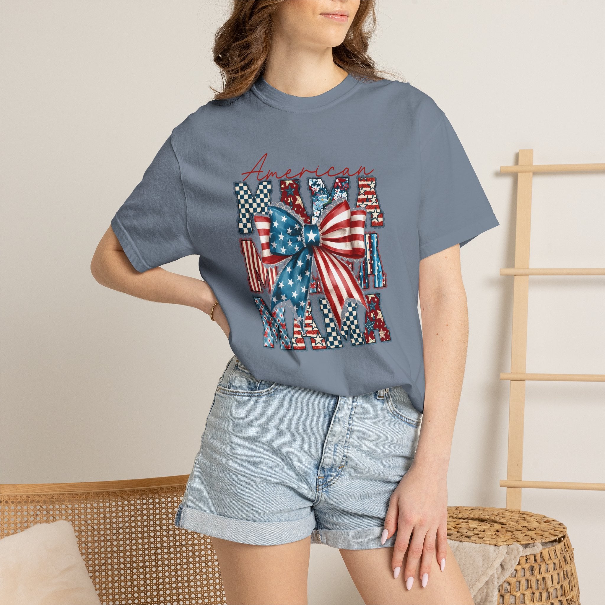 Patriotic Mama T-Shirt — American Flag Bow Graphic Tee
