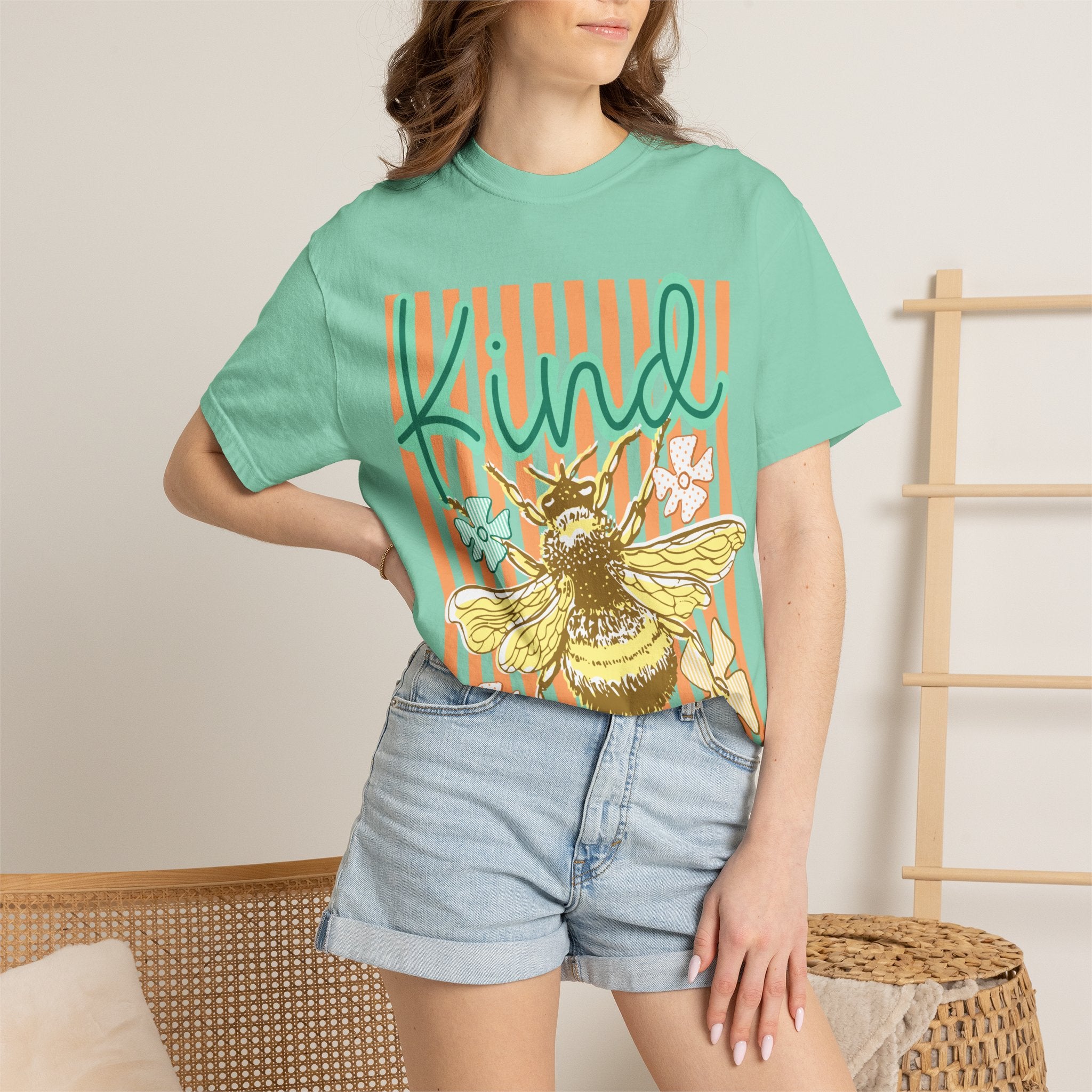 Kind Bee Graphic T-Shirt — Floral Striped Positive Vibes Tee