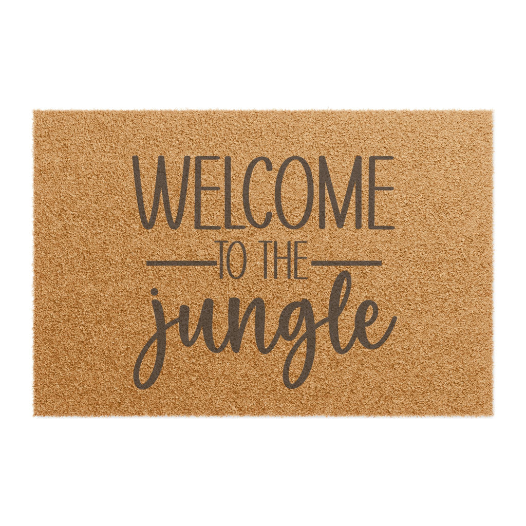 Welcome to the Jungle Doormat — Coir Entry Mat with Script Text, Funny Tropical Welcome