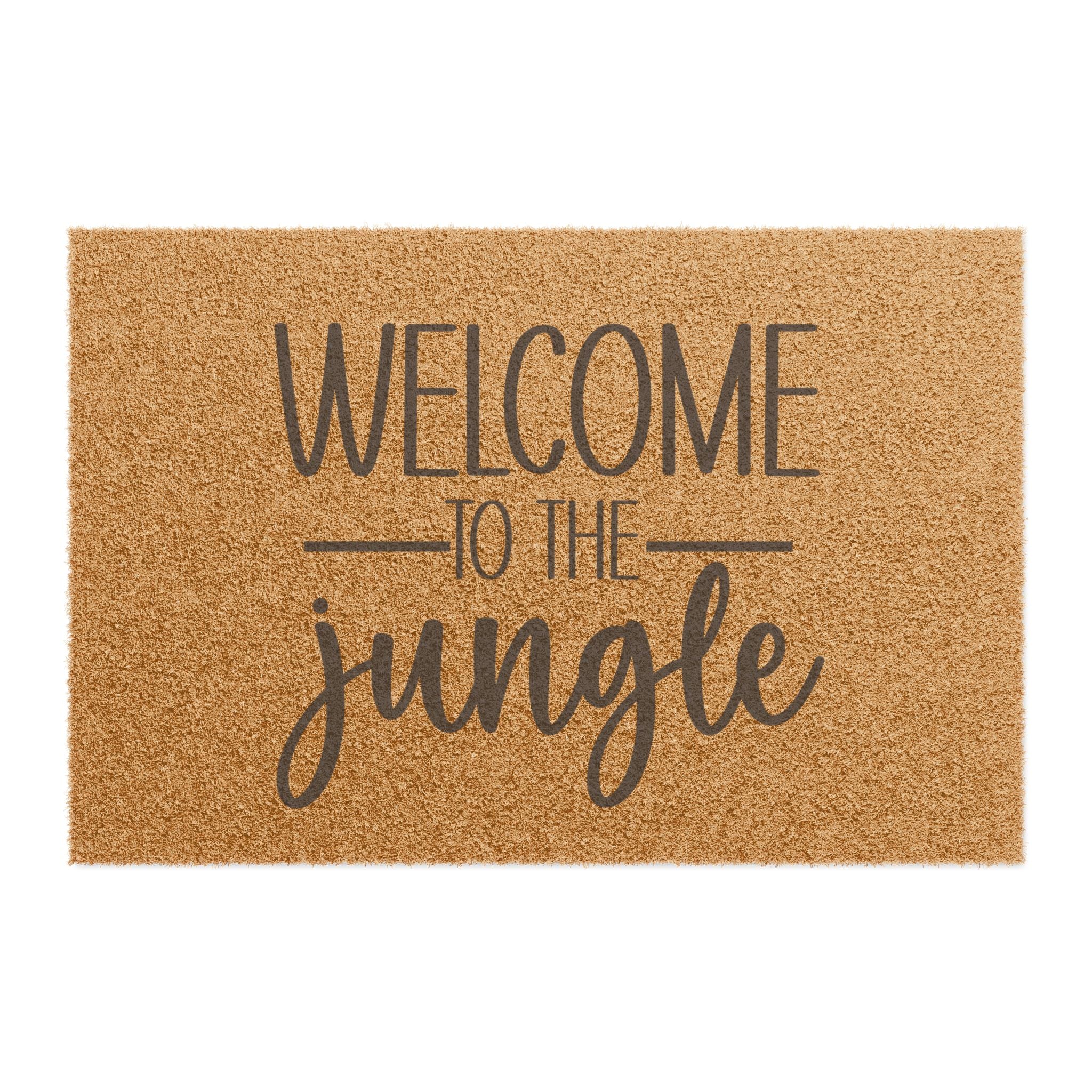 Welcome to the Jungle Doormat — Coir Entry Mat with Script Text, Funny Tropical Welcome