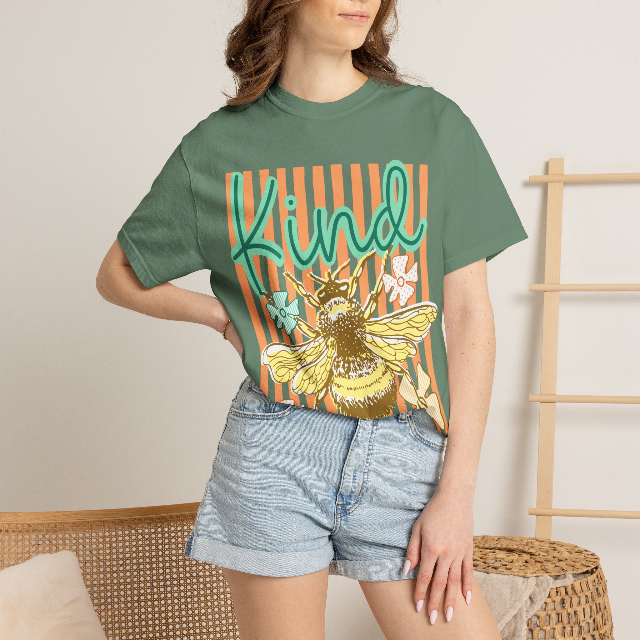 Kind Bee Graphic T-Shirt — Floral Striped Positive Vibes Tee