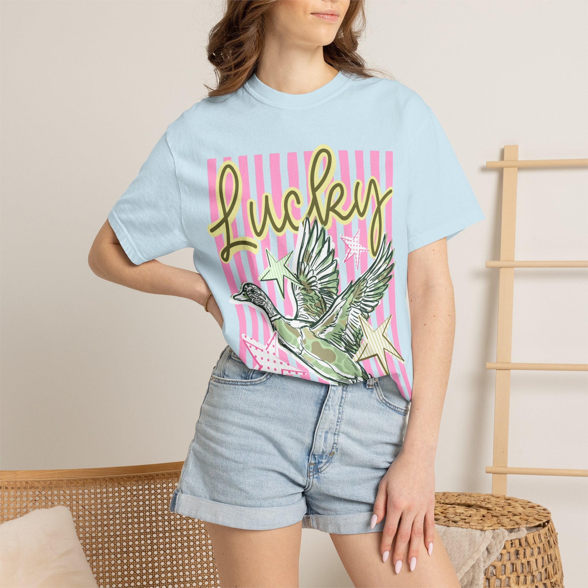 Lucky Duck T-Shirt — Retro Striped Graphic Tee with Flying Duck & Stars