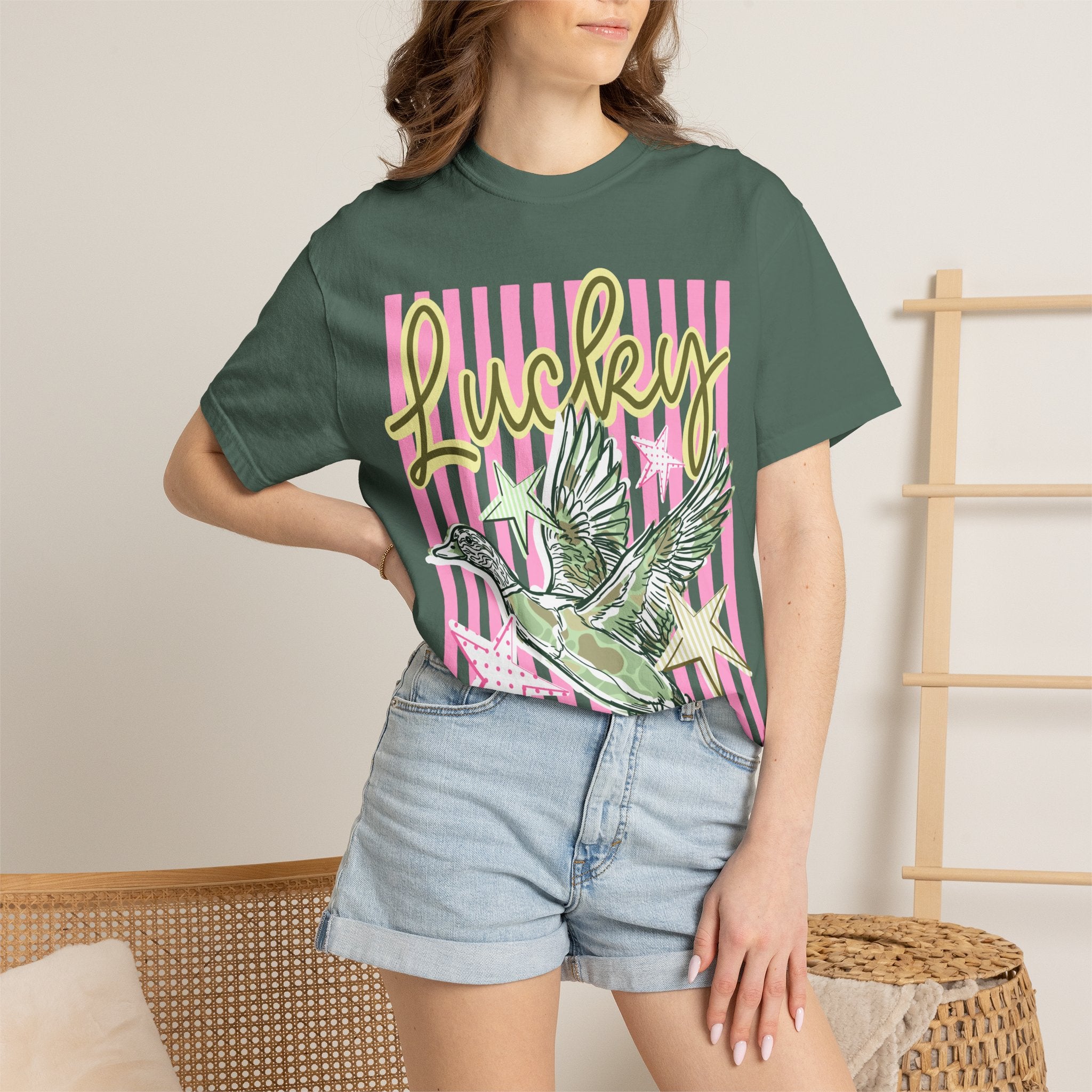 Lucky Duck T-Shirt — Retro Striped Graphic Tee with Flying Duck & Stars
