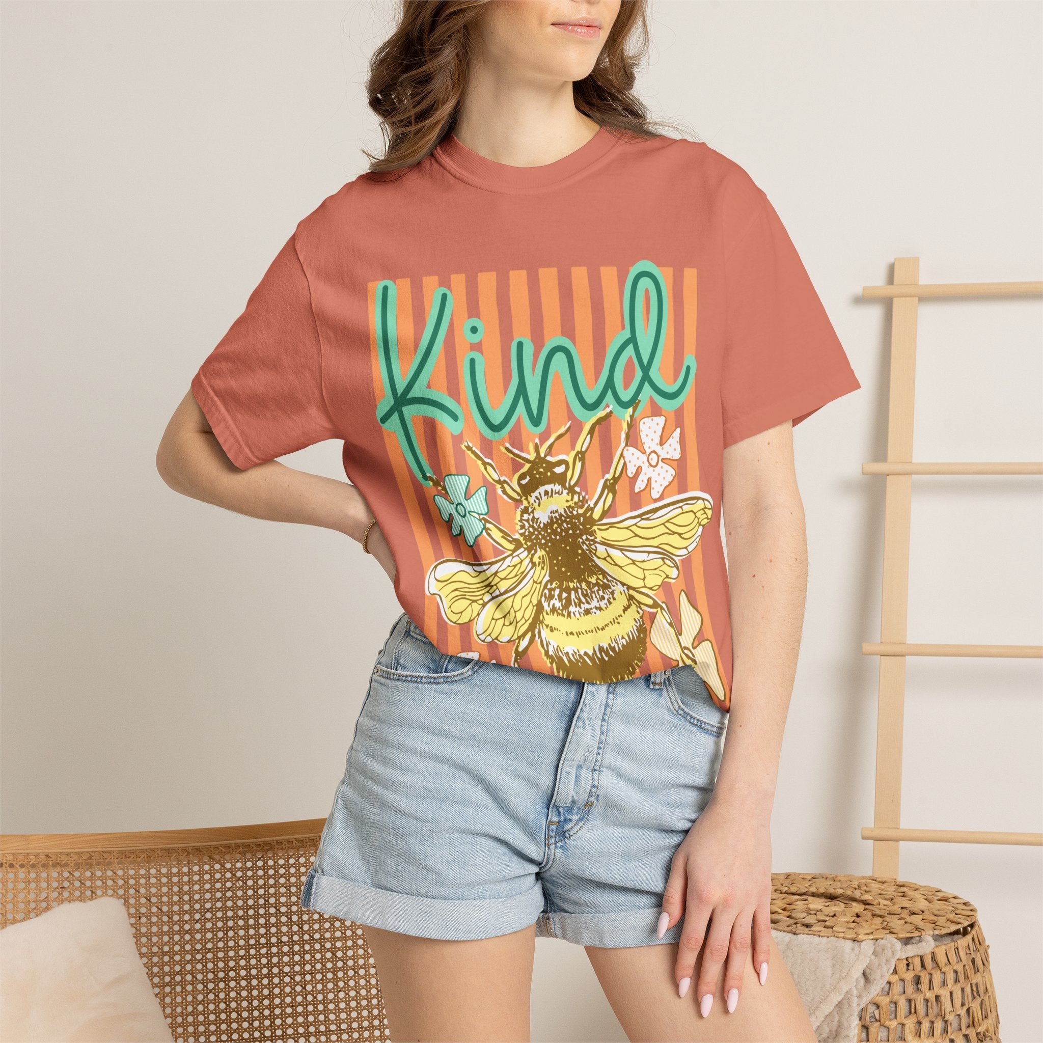 Kind Bee Graphic T-Shirt — Floral Striped Positive Vibes Tee