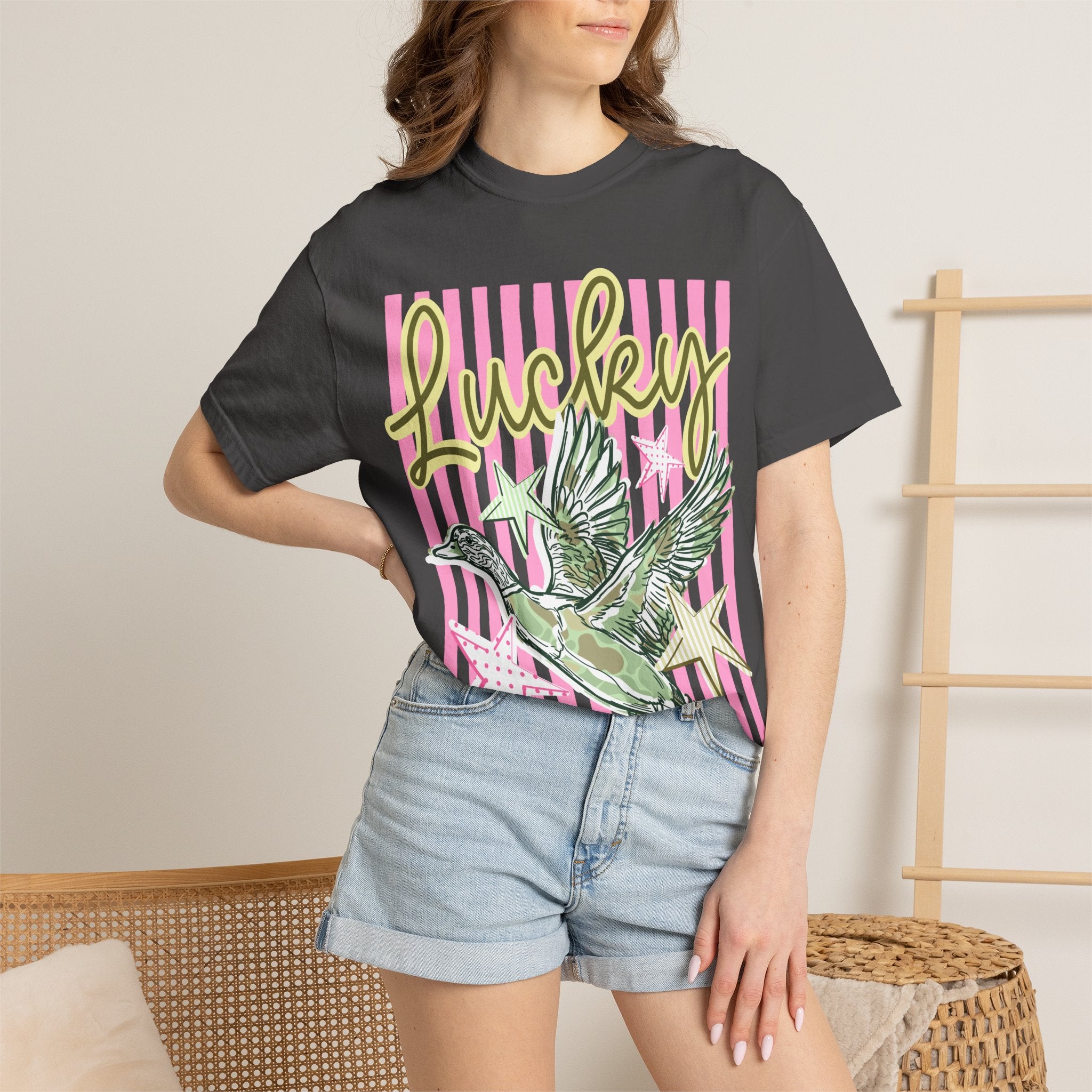 Lucky Duck T-Shirt — Retro Striped Graphic Tee with Flying Duck & Stars
