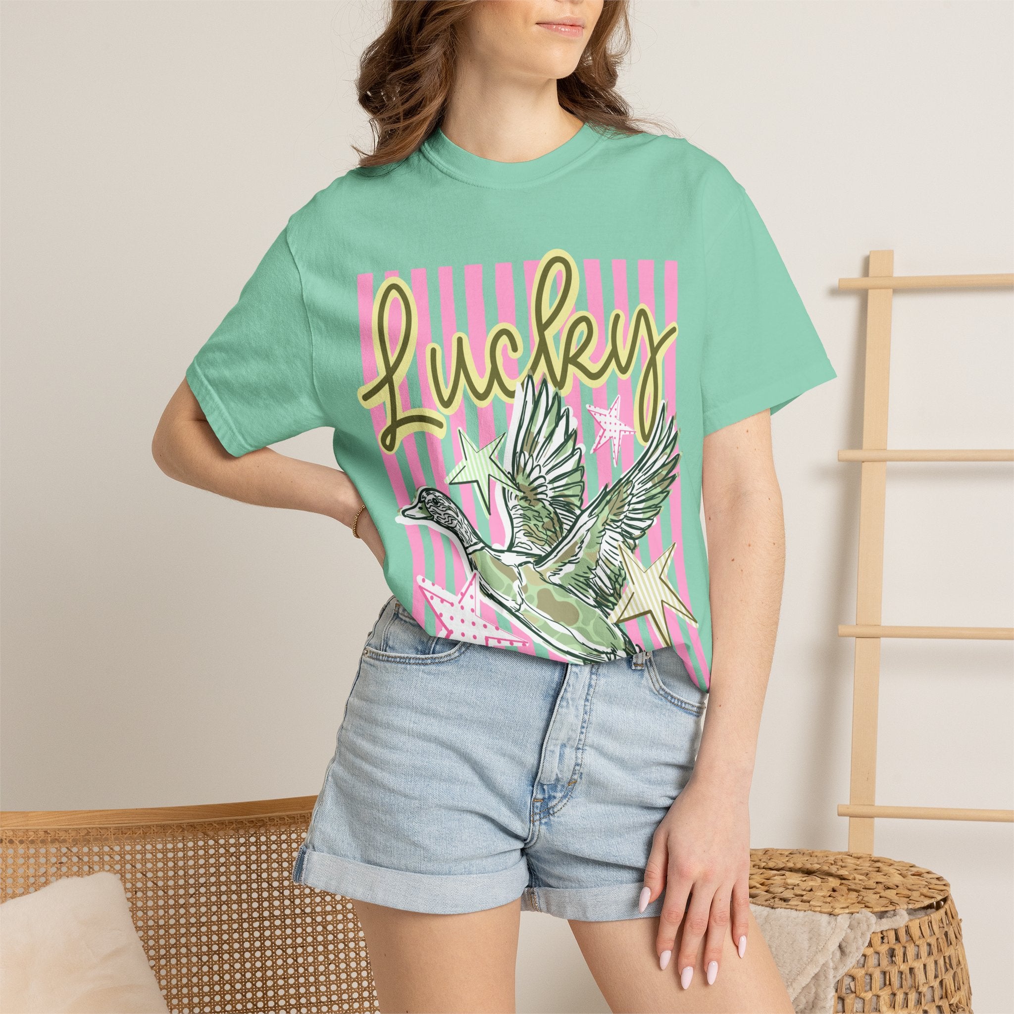 Lucky Duck T-Shirt — Retro Striped Graphic Tee with Flying Duck & Stars