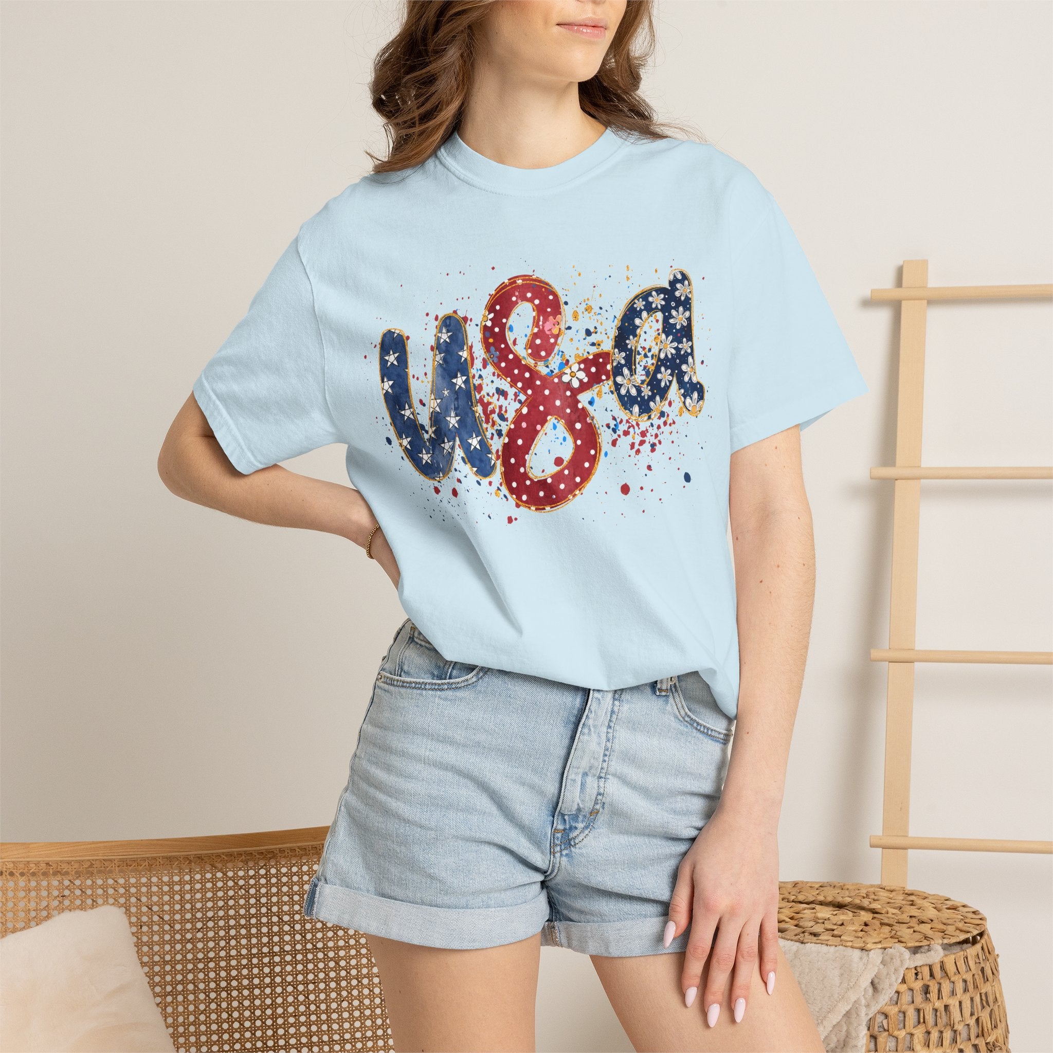 USA Sparkle Graphic T-Shirt — Patriotic Red White Blue Tee for 4th of July