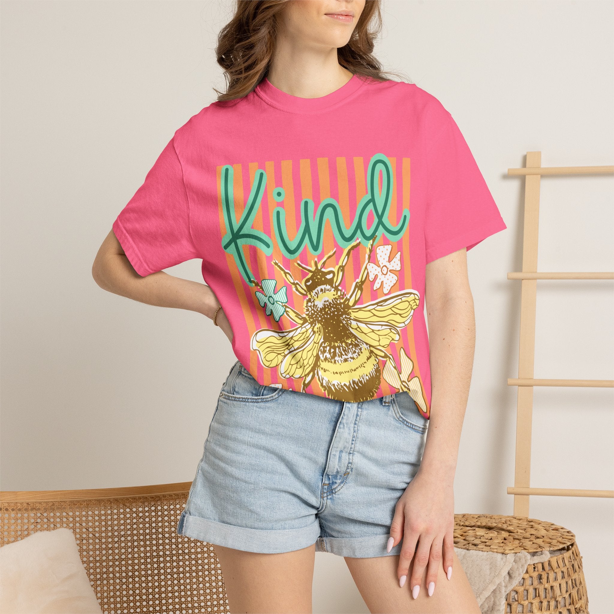 Kind Bee Graphic T-Shirt — Floral Striped Positive Vibes Tee