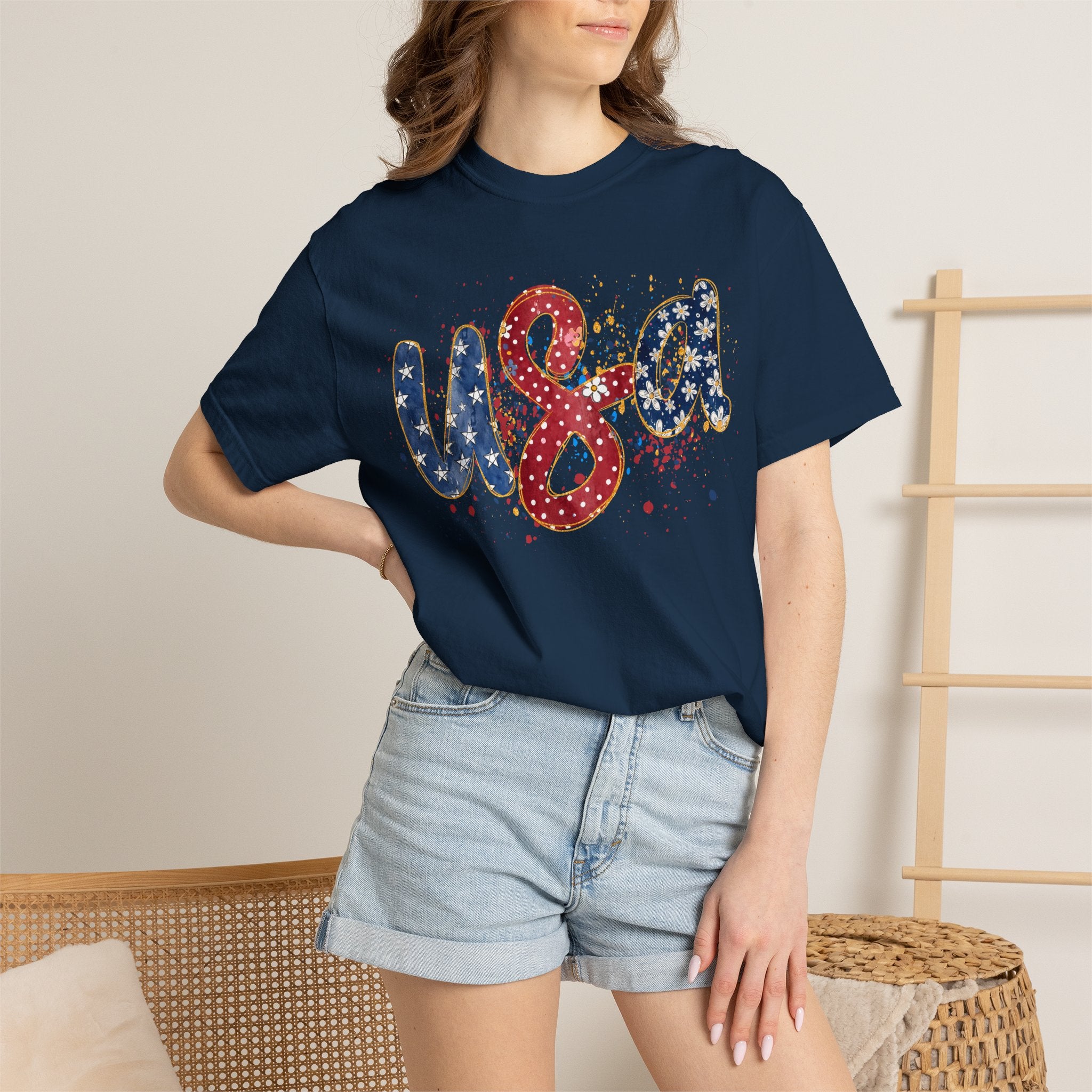 USA Sparkle Graphic T-Shirt — Patriotic Red White Blue Tee for 4th of July