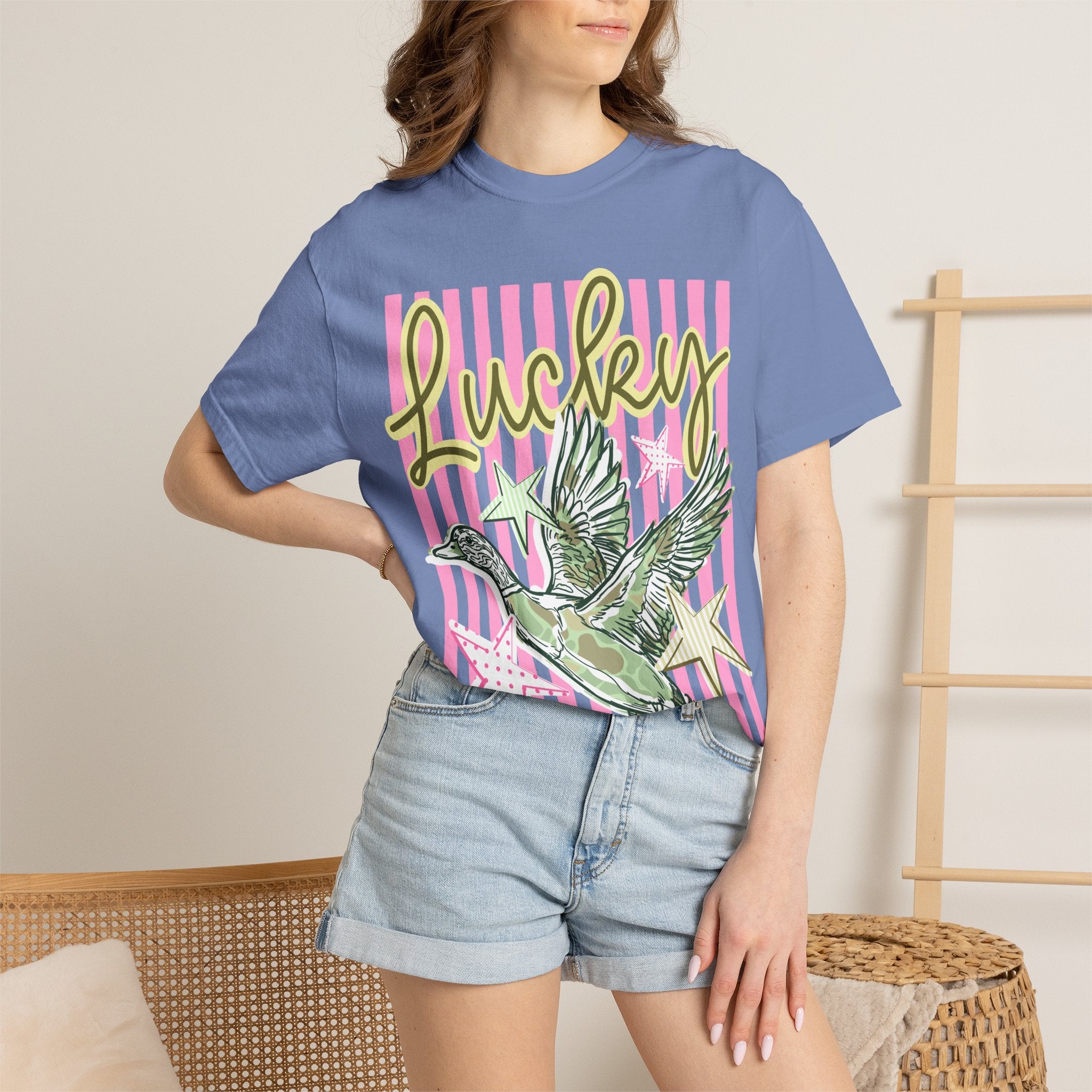 Lucky Duck T-Shirt — Retro Striped Graphic Tee with Flying Duck & Stars