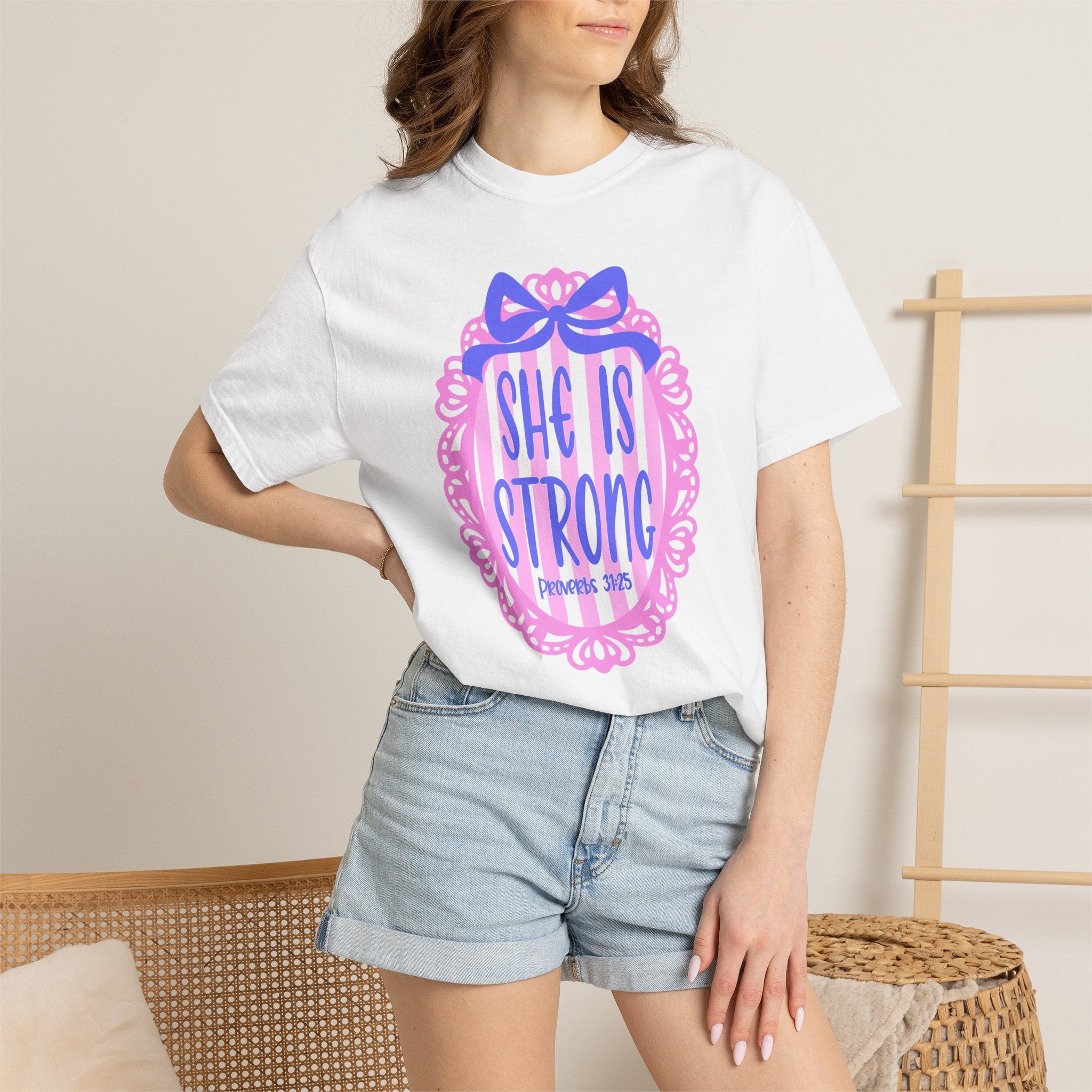 She Is Strong T-Shirt — Feminine Inspirational Graphic Tee (Scripture: Proverbs 31)