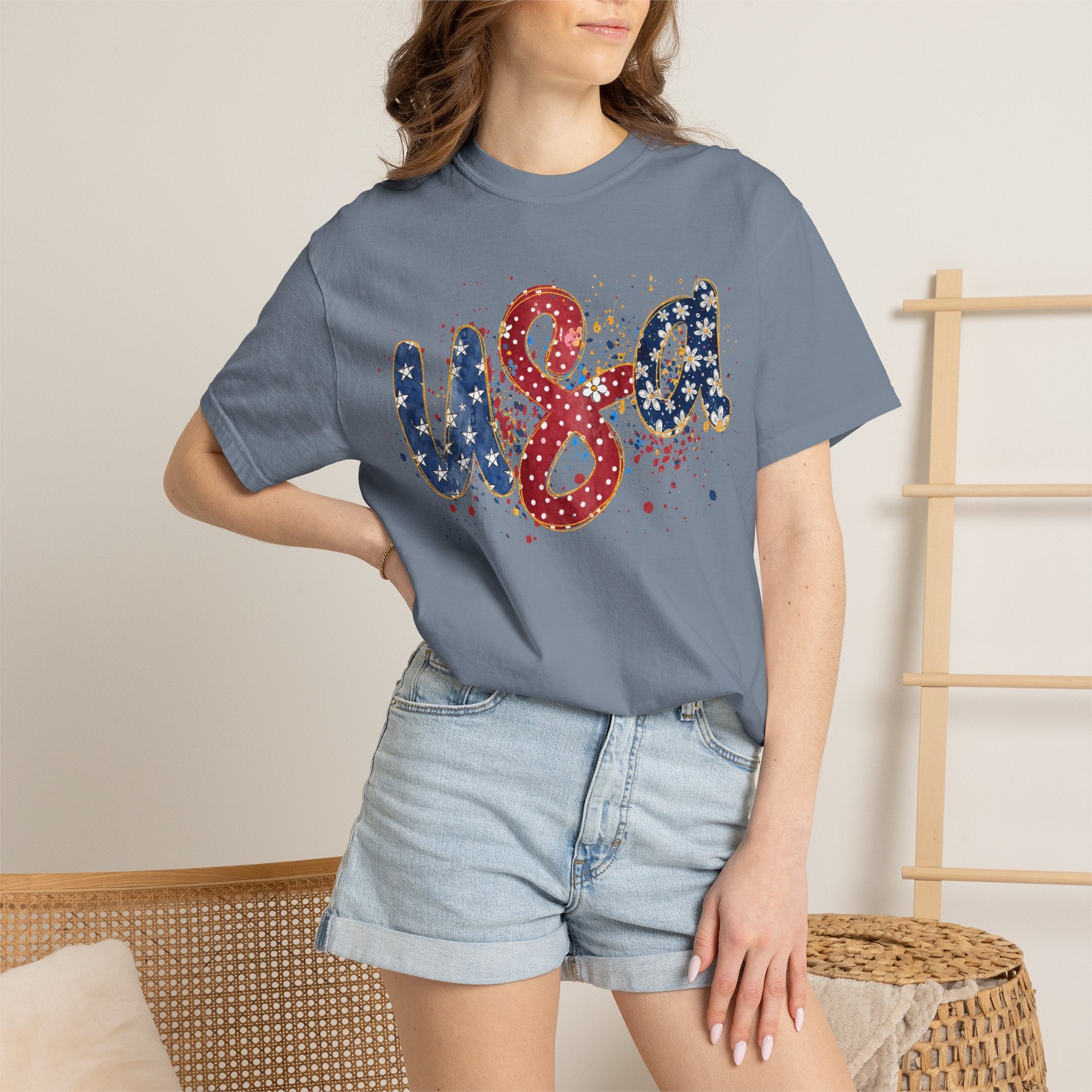 USA Sparkle Graphic T-Shirt — Patriotic Red White Blue Tee for 4th of July