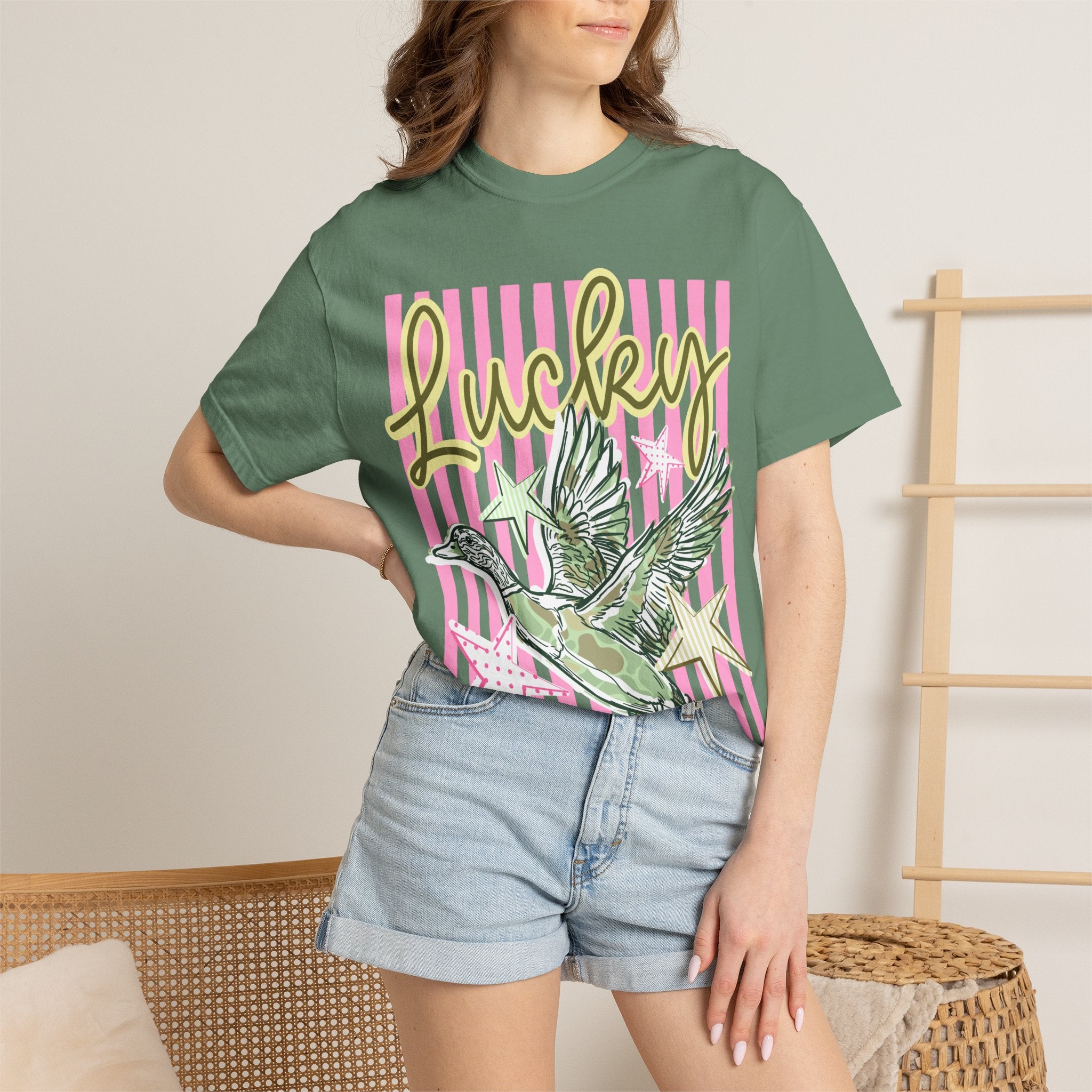 Lucky Duck T-Shirt — Retro Striped Graphic Tee with Flying Duck & Stars