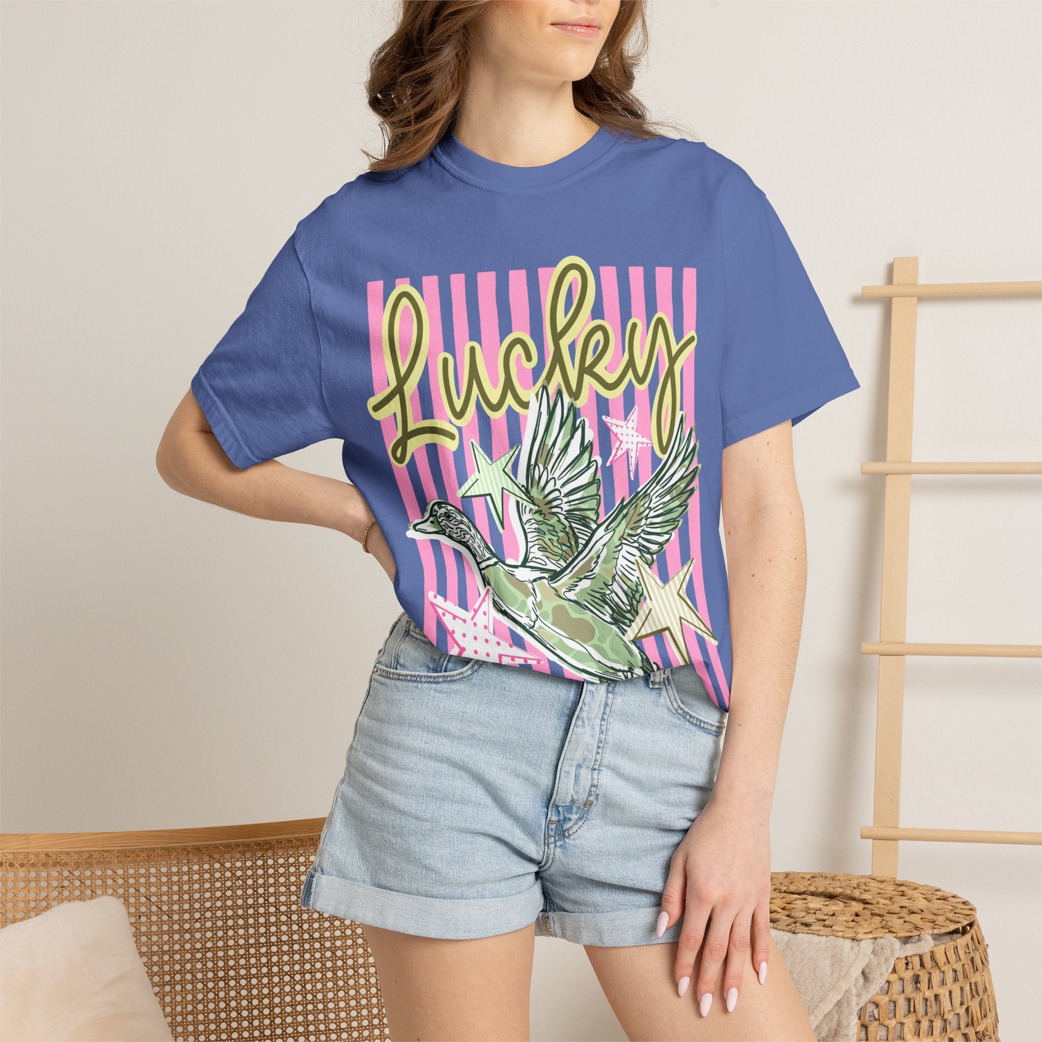 Lucky Duck T-Shirt — Retro Striped Graphic Tee with Flying Duck & Stars