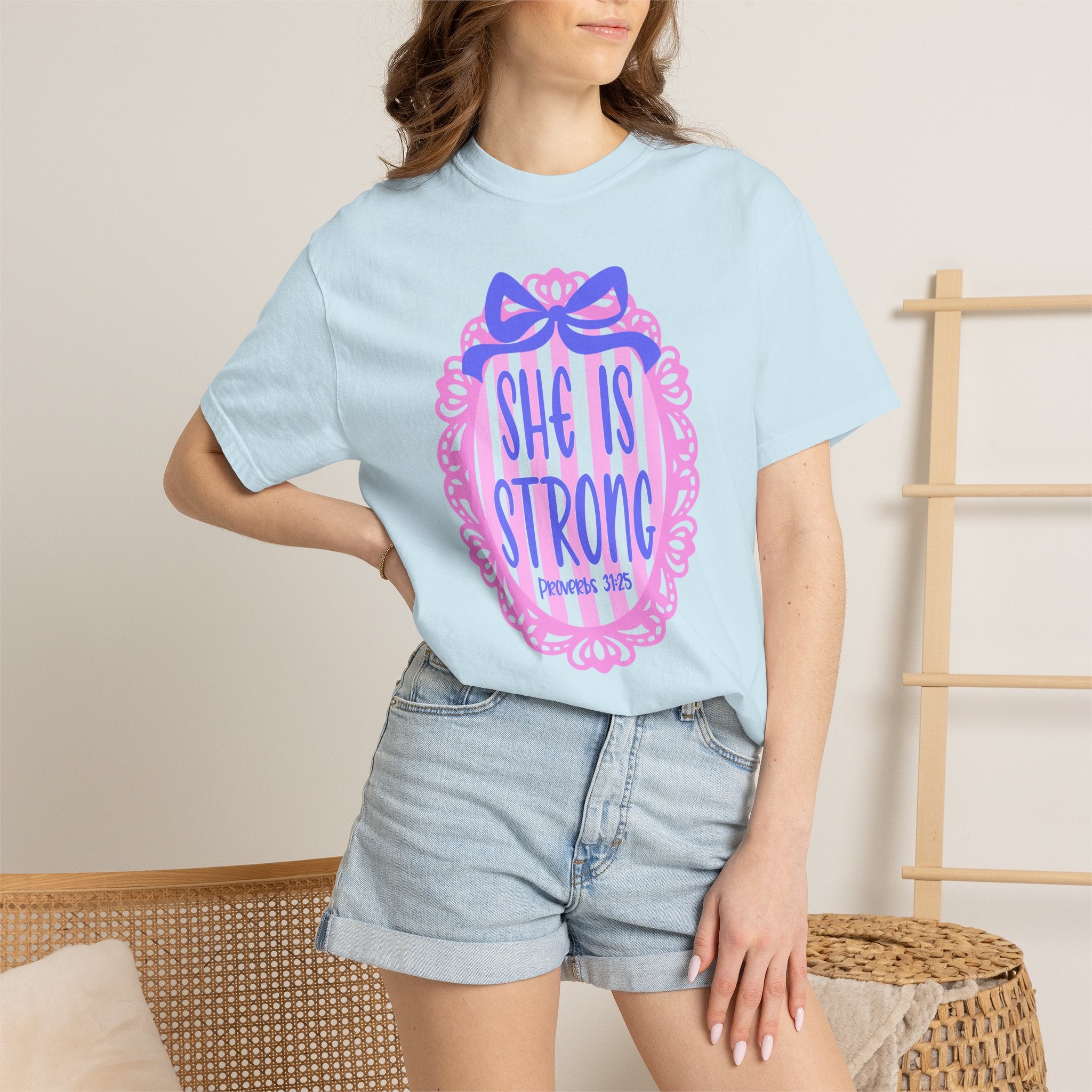 She Is Strong T-Shirt — Feminine Inspirational Graphic Tee (Scripture: Proverbs 31)