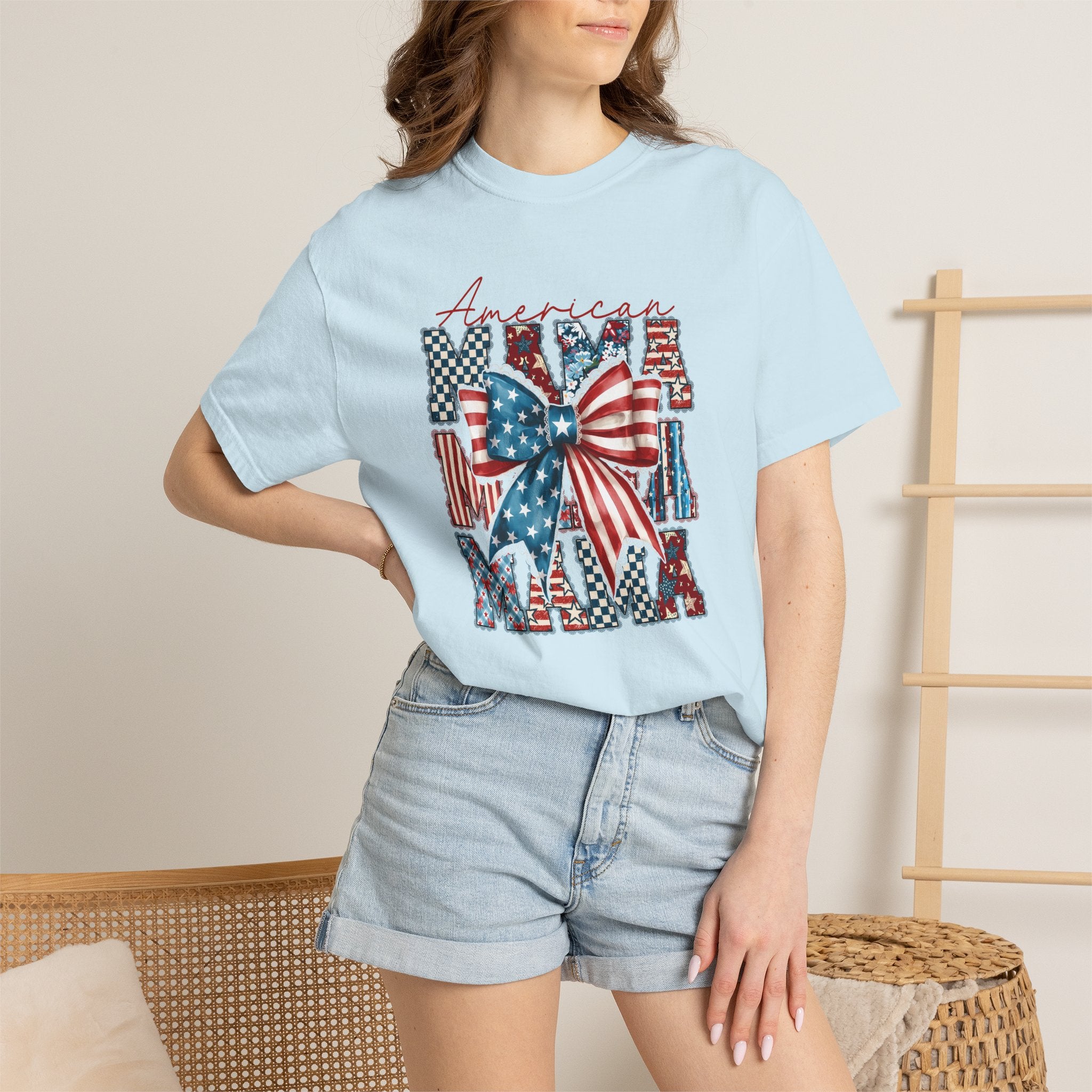 Patriotic Mama T-Shirt — American Flag Bow Graphic Tee