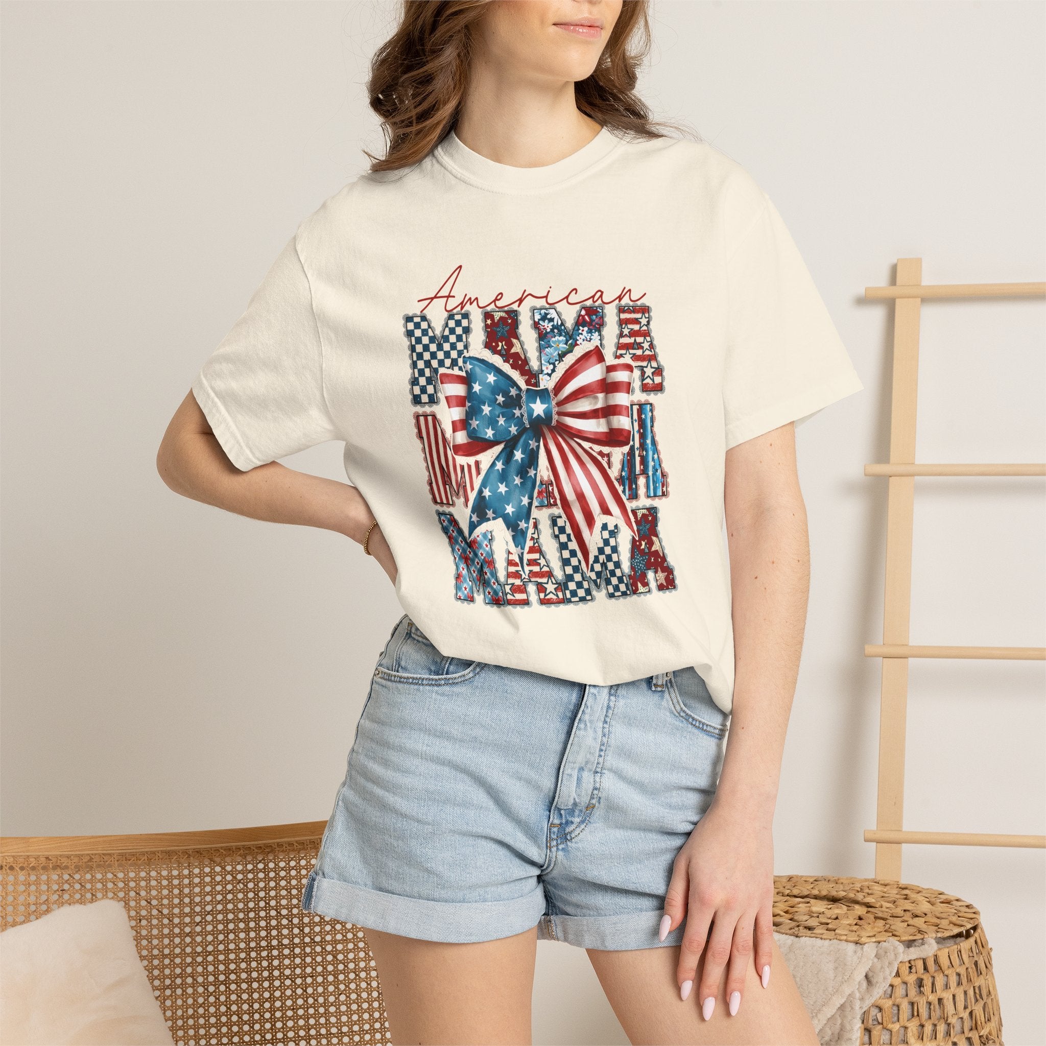 Patriotic Mama T-Shirt — American Flag Bow Graphic Tee