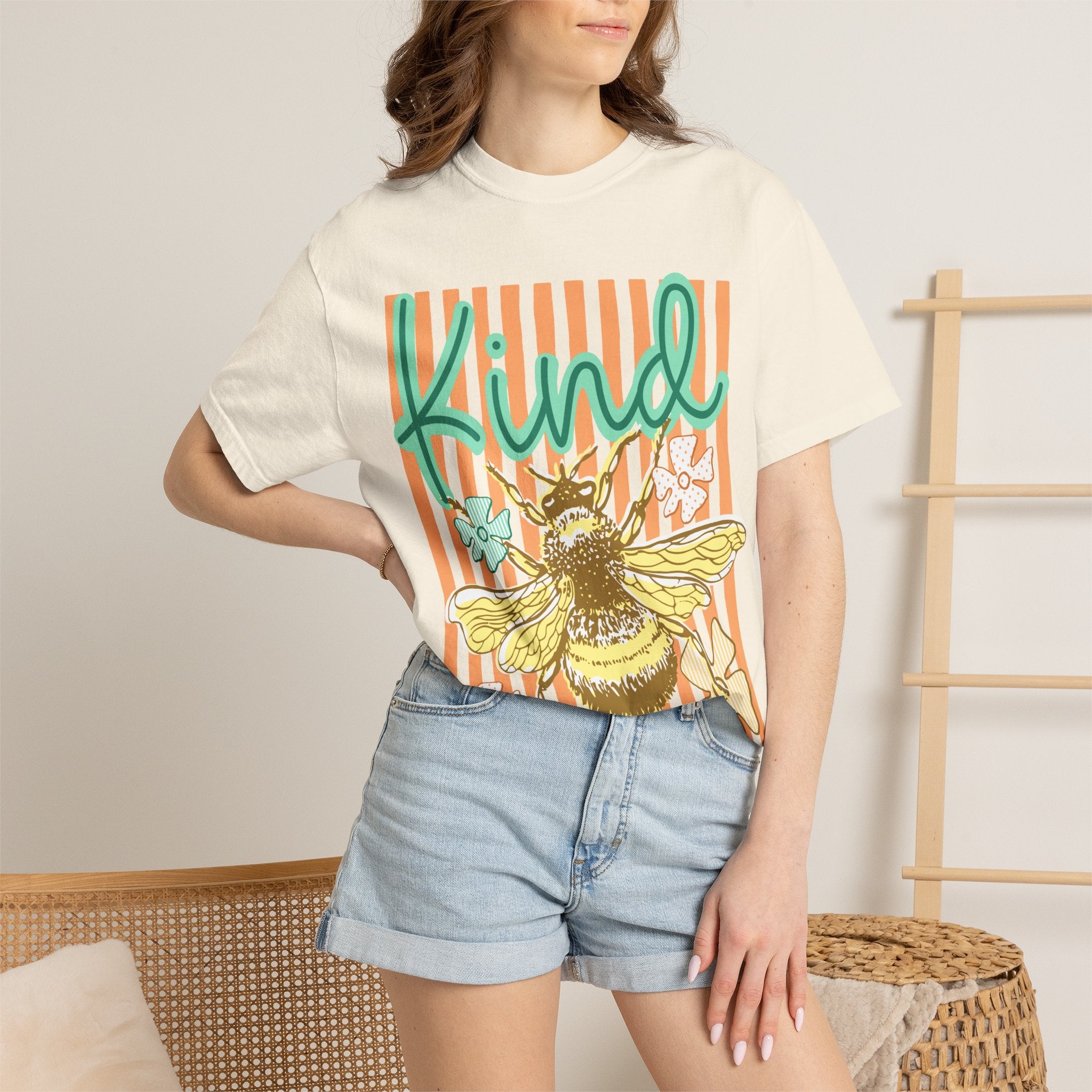 Kind Bee Graphic T-Shirt — Floral Striped Positive Vibes Tee