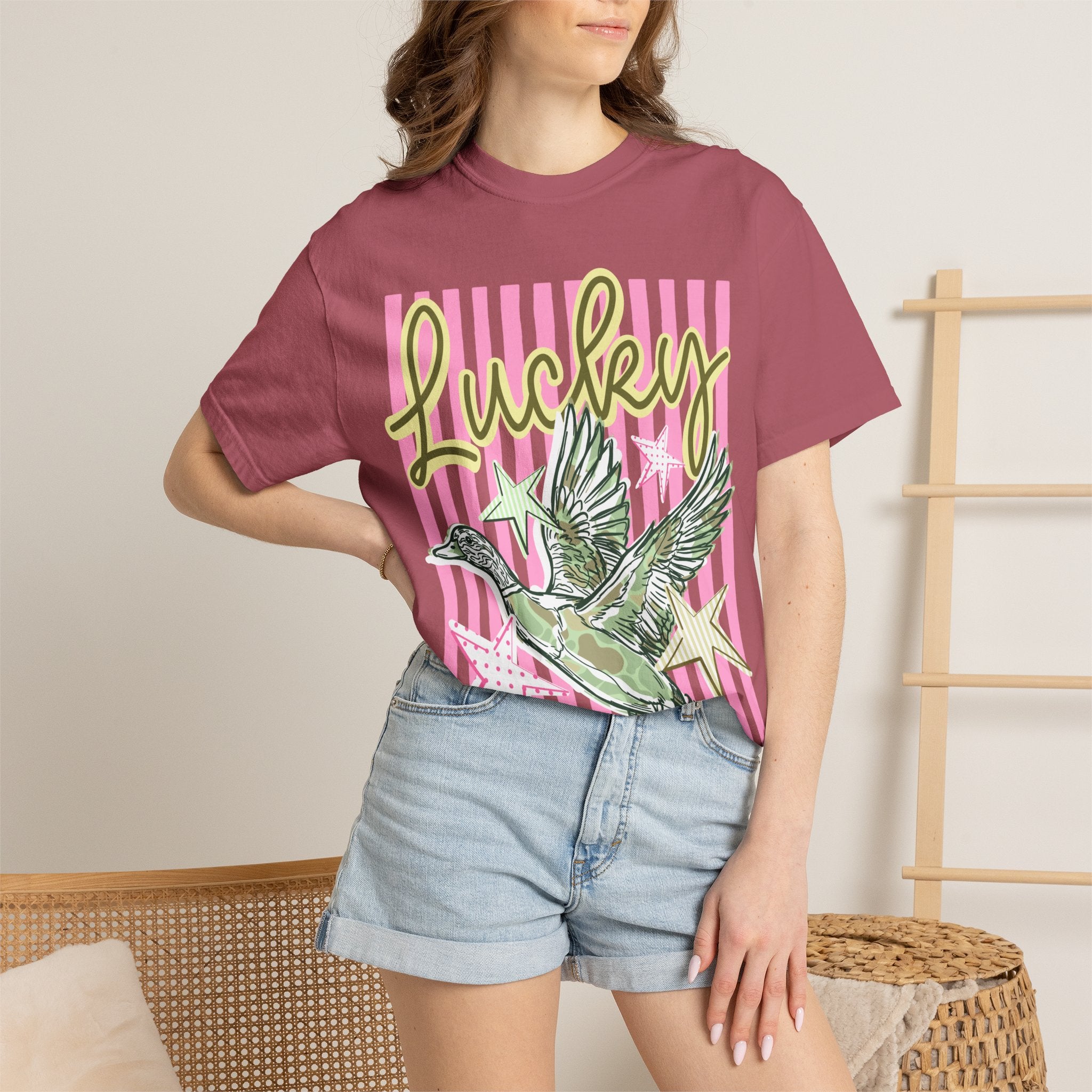 Lucky Duck T-Shirt — Retro Striped Graphic Tee with Flying Duck & Stars