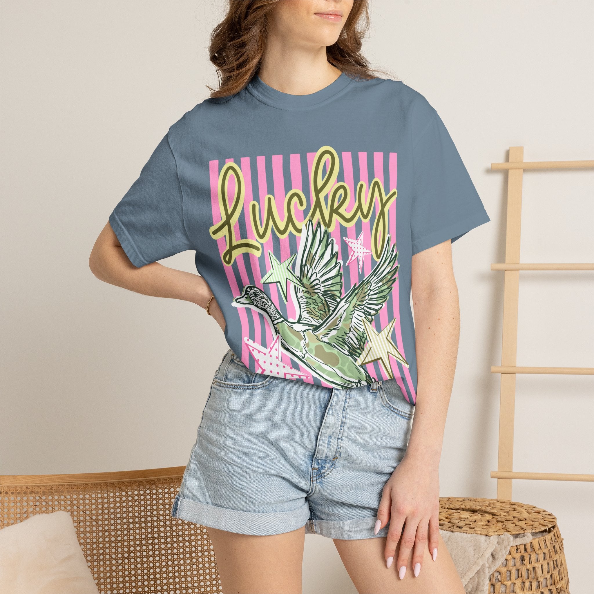 Lucky Duck T-Shirt — Retro Striped Graphic Tee with Flying Duck & Stars