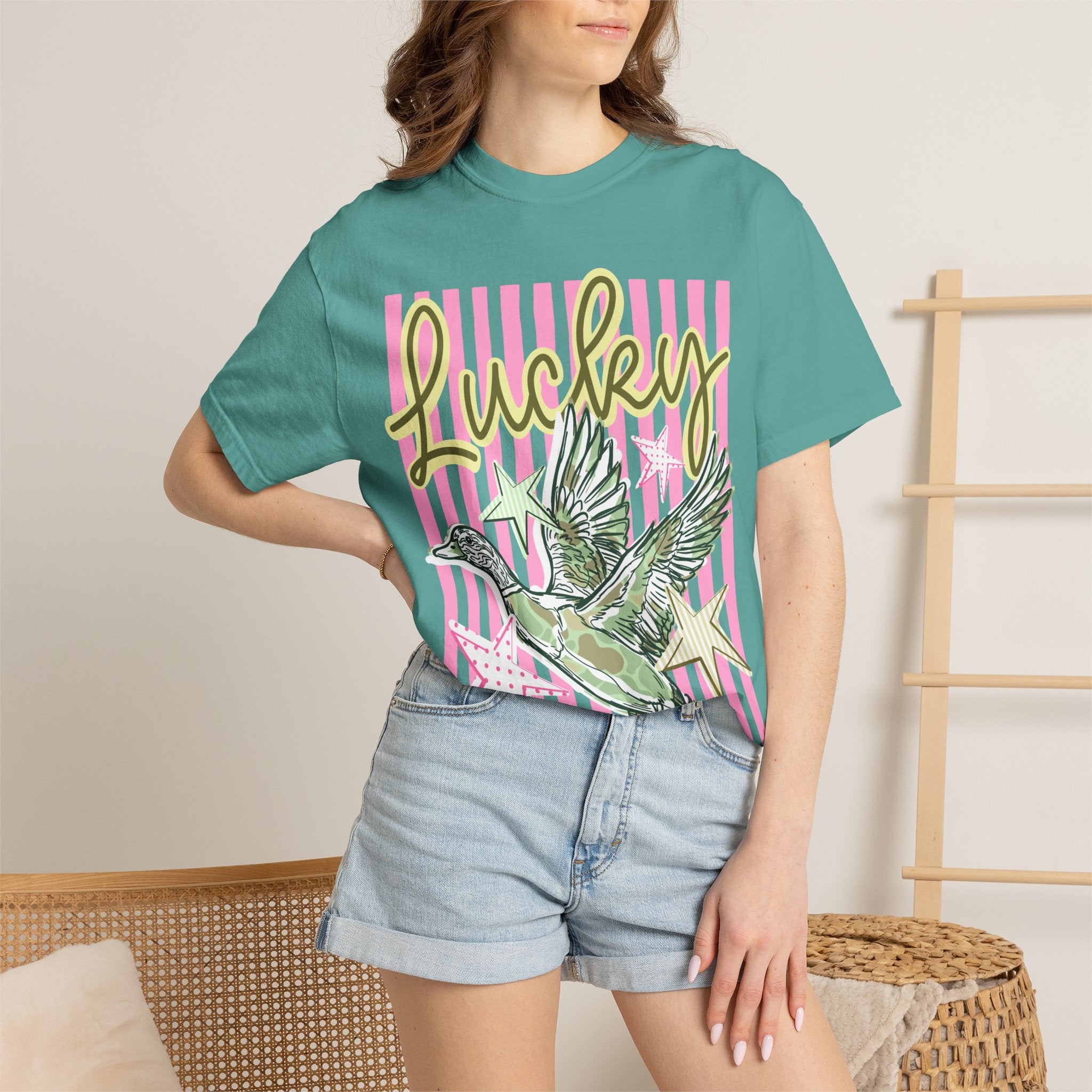 Lucky Duck T-Shirt — Retro Striped Graphic Tee with Flying Duck & Stars