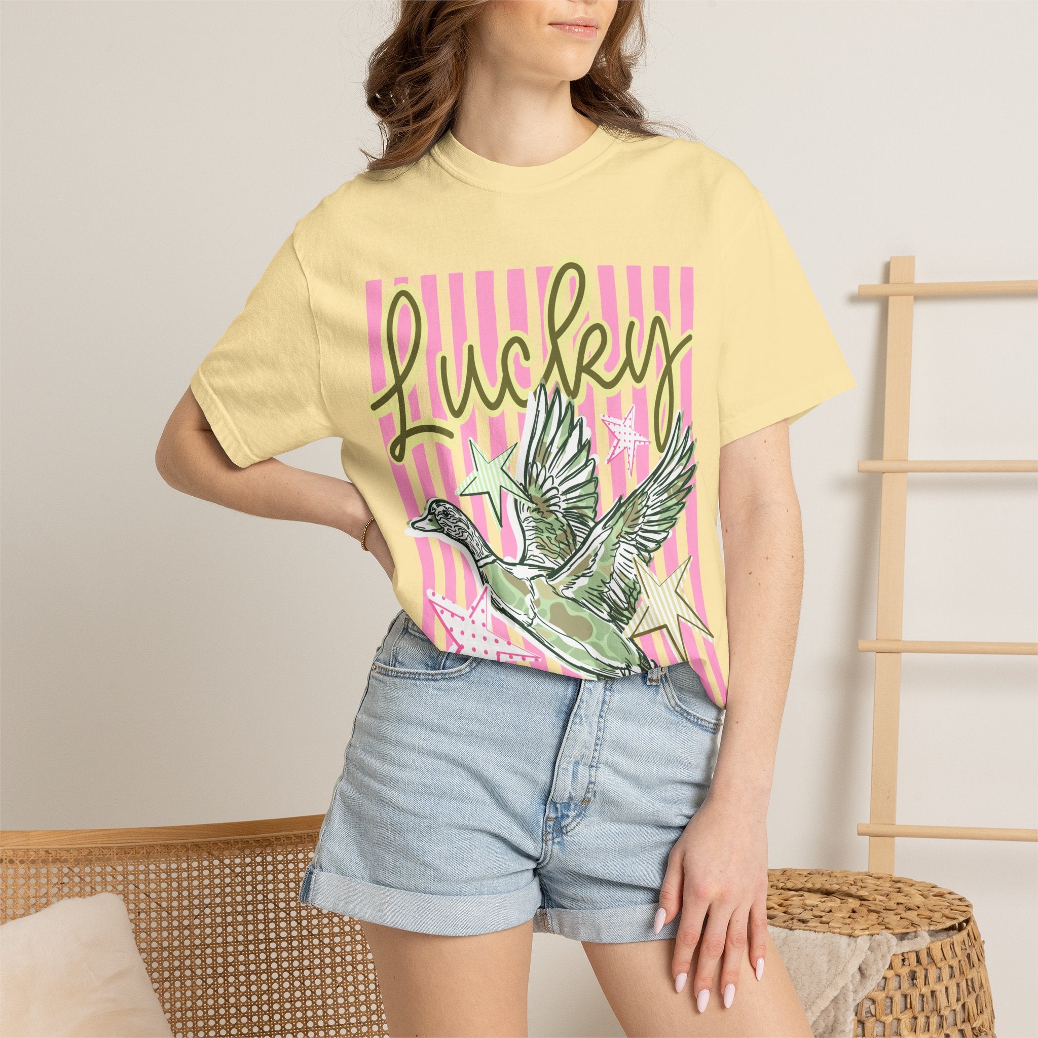 Lucky Duck T-Shirt — Retro Striped Graphic Tee with Flying Duck & Stars
