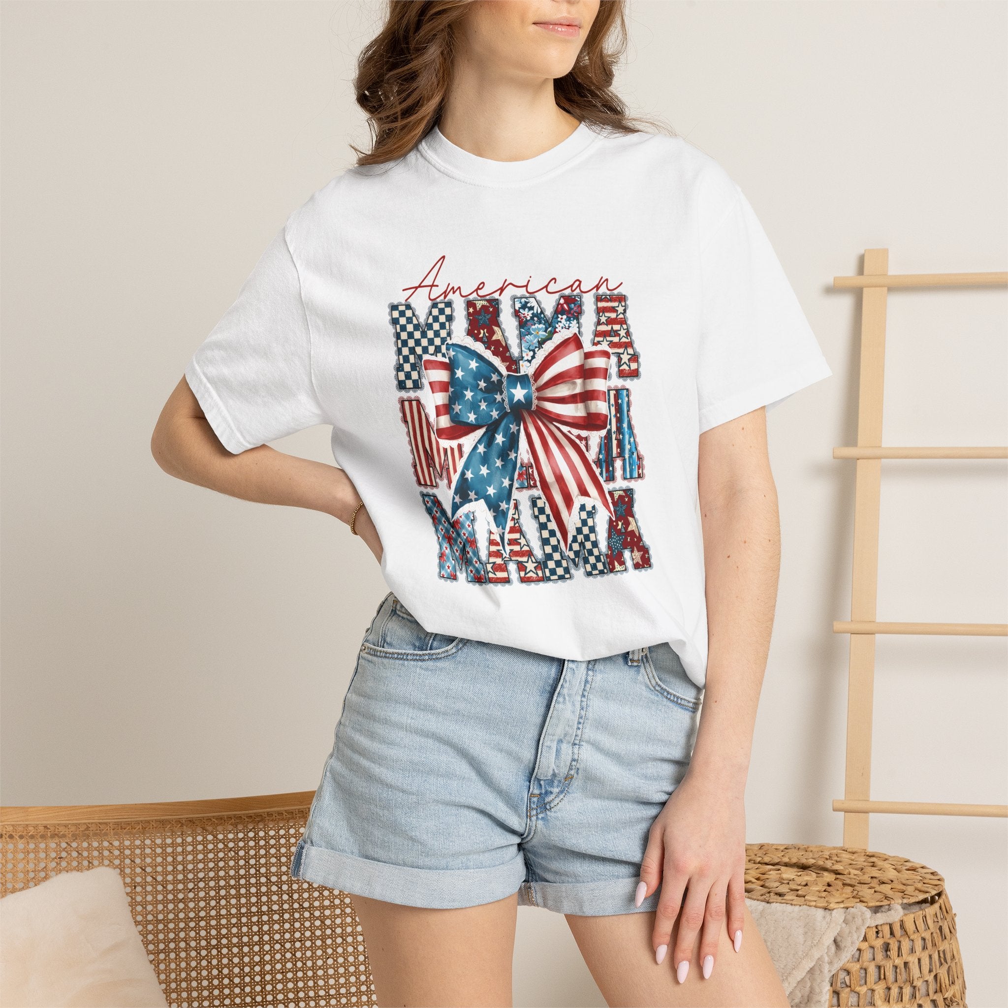 Patriotic Mama T-Shirt — American Flag Bow Graphic Tee