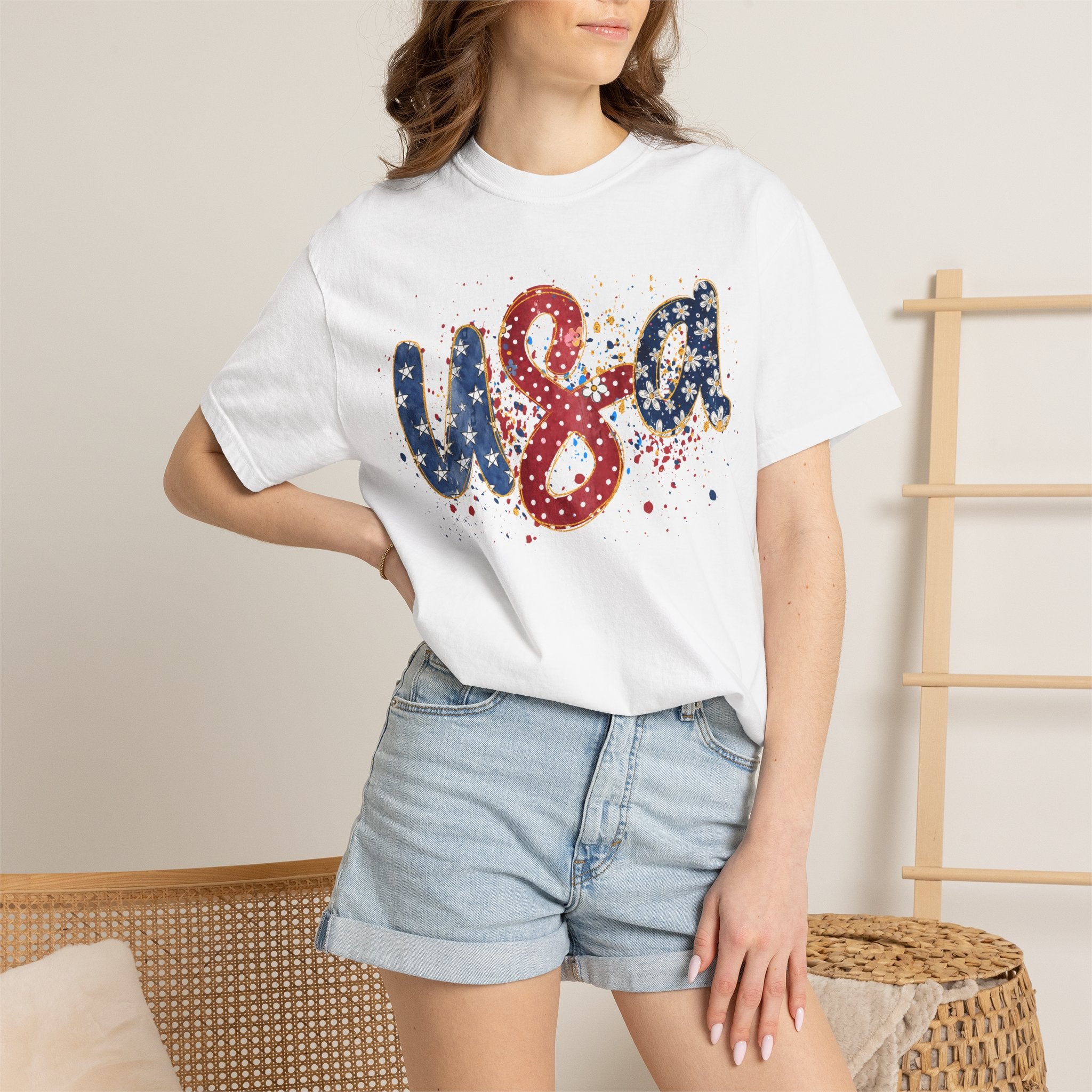 USA Sparkle Graphic T-Shirt — Patriotic Red White Blue Tee for 4th of July