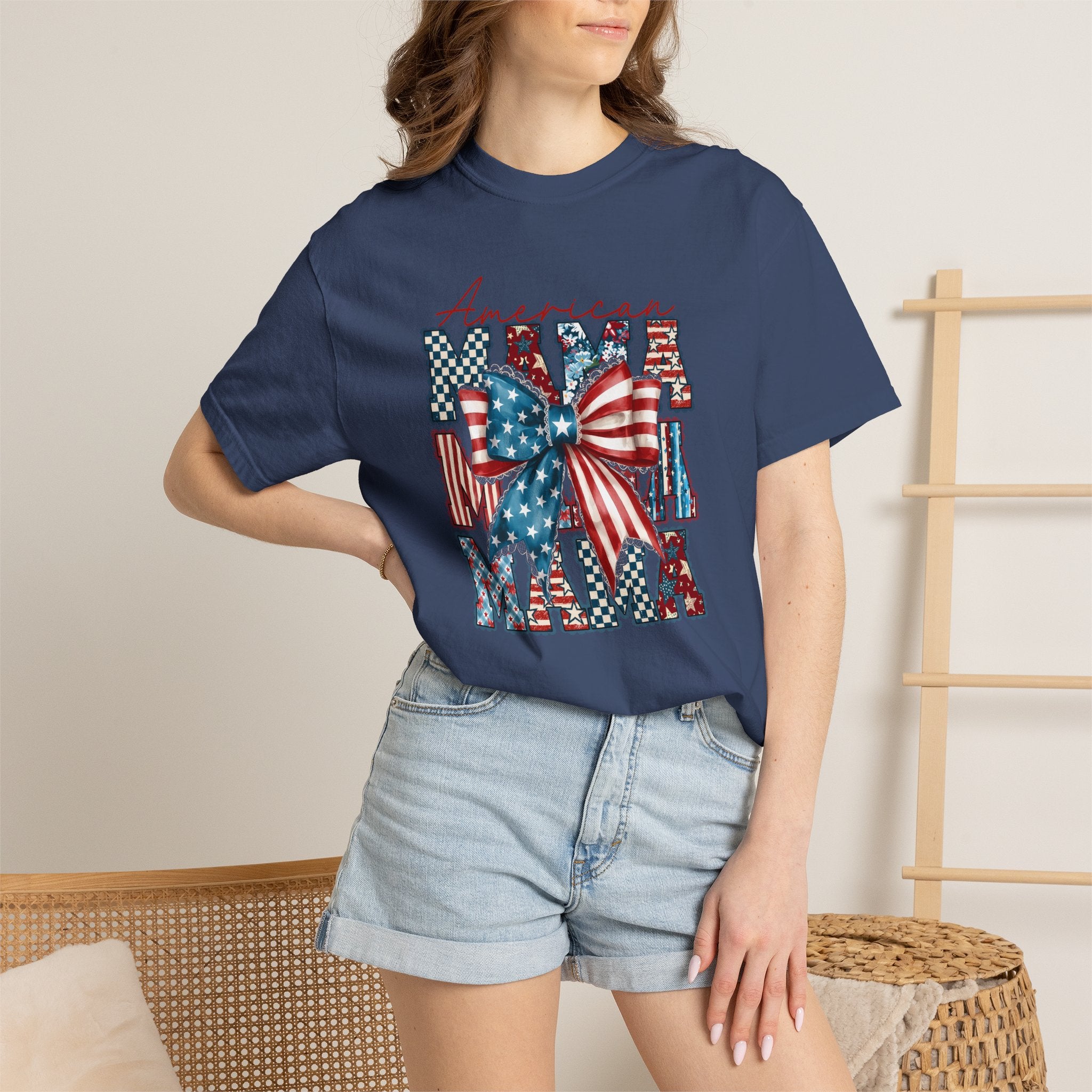 Patriotic Mama T-Shirt — American Flag Bow Graphic Tee