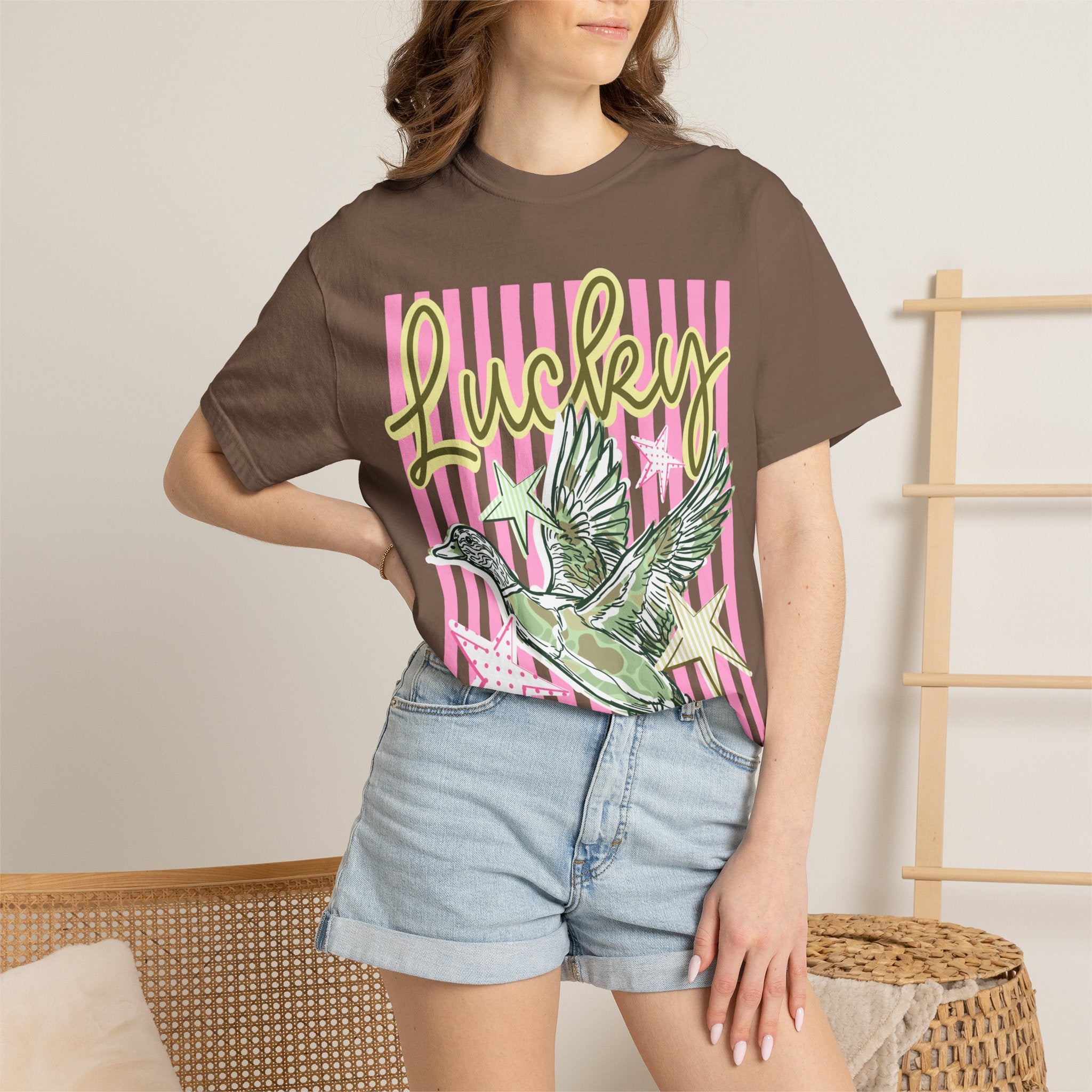 Lucky Duck T-Shirt — Retro Striped Graphic Tee with Flying Duck & Stars