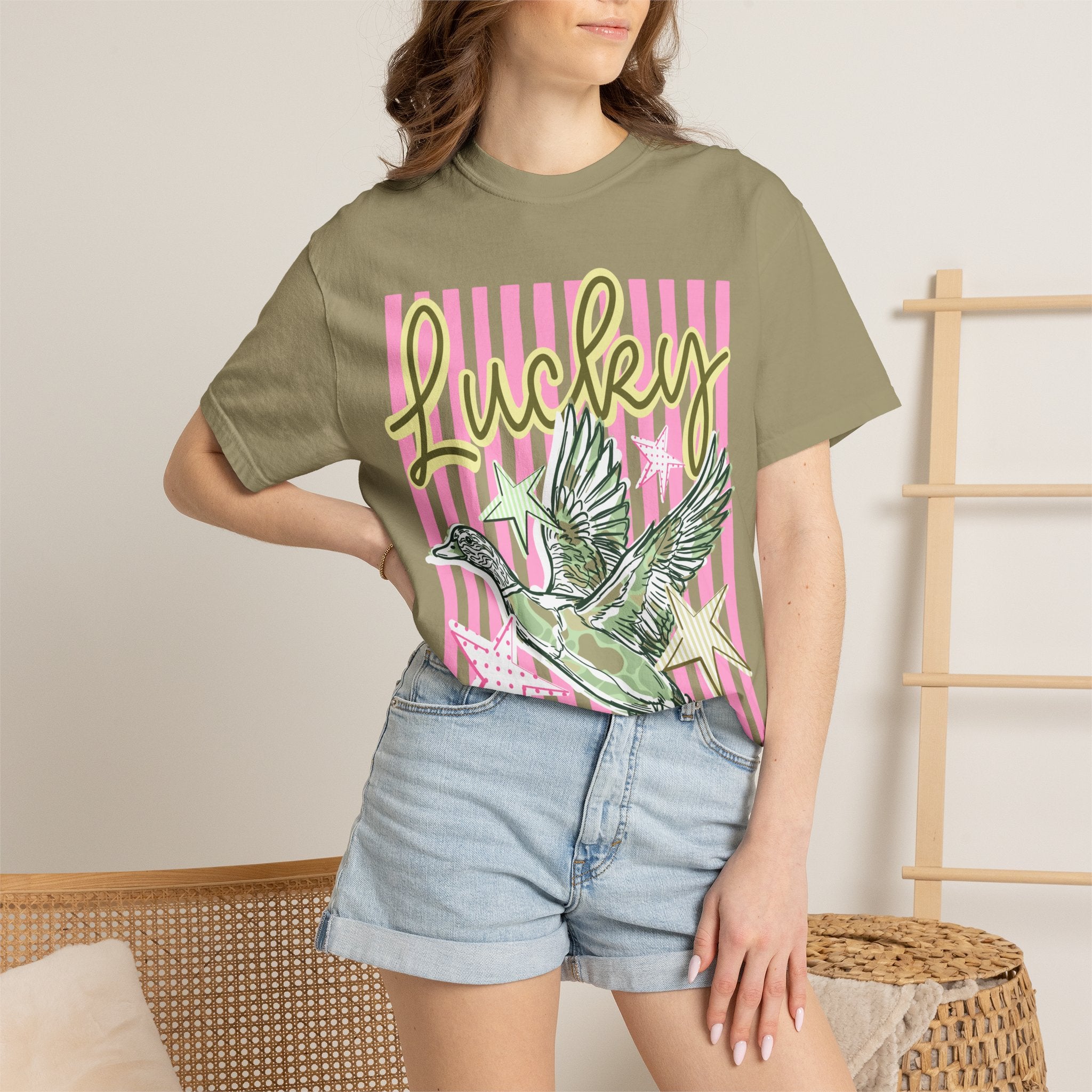 Lucky Duck T-Shirt — Retro Striped Graphic Tee with Flying Duck & Stars