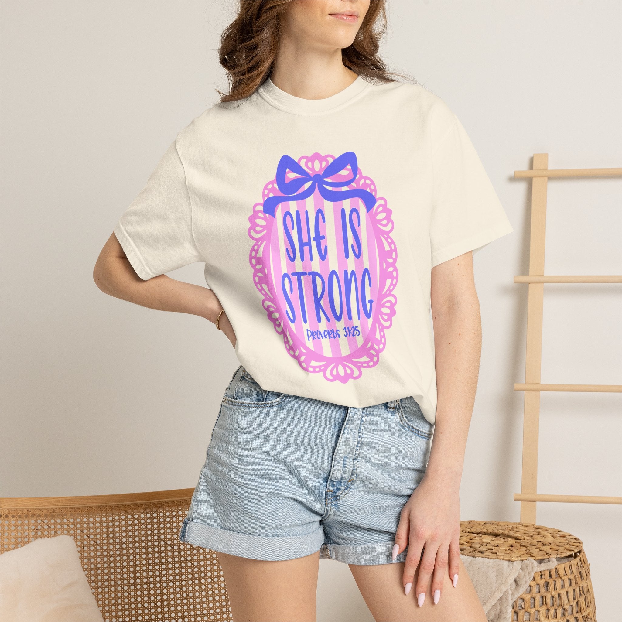She Is Strong T-Shirt — Feminine Inspirational Graphic Tee (Scripture: Proverbs 31)