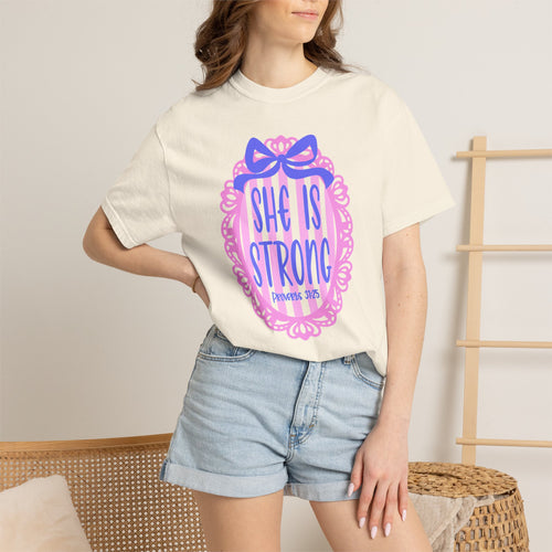She Is Strong T-Shirt — Feminine Inspirational Graphic Tee (Scripture: Proverbs 31)