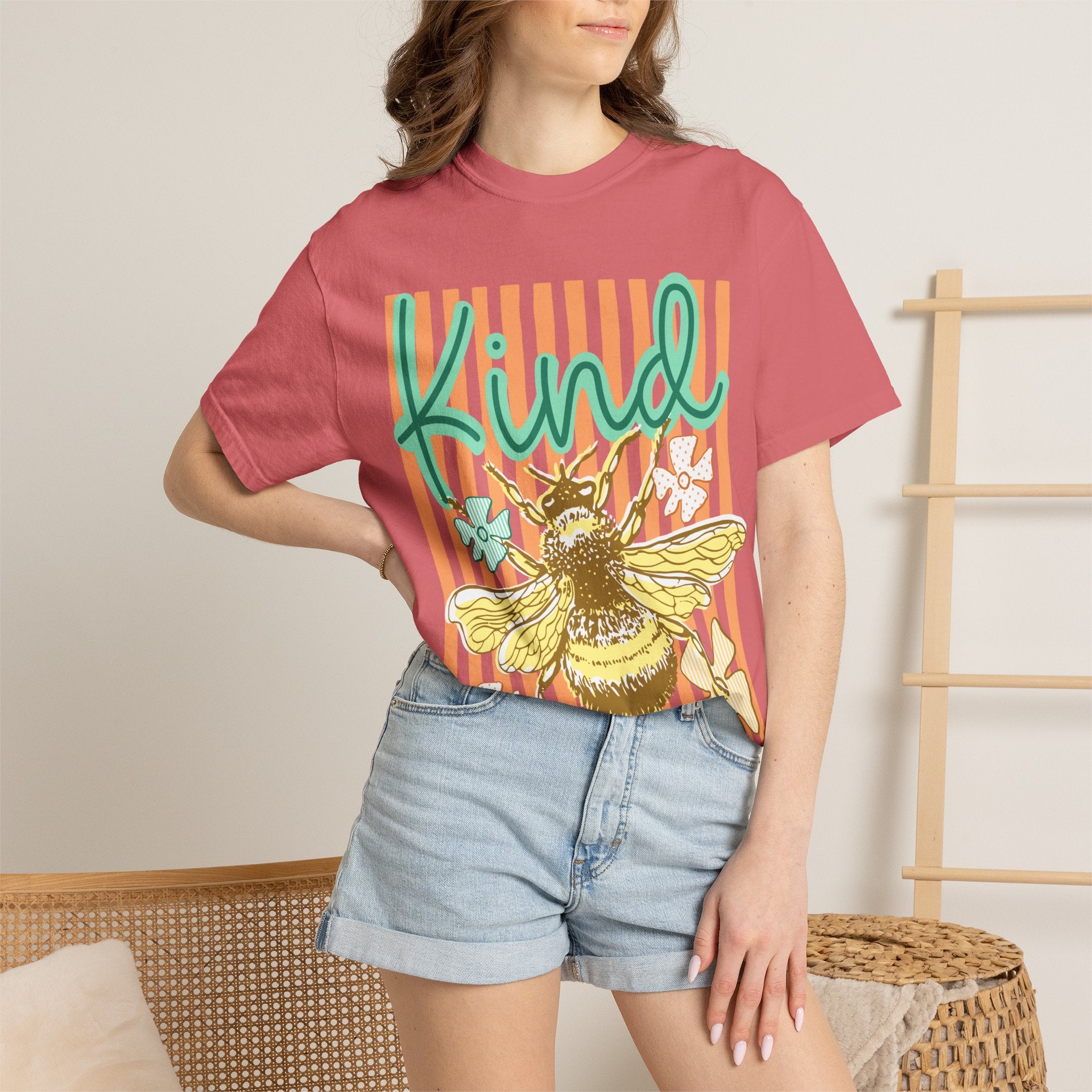 Kind Bee Graphic T-Shirt — Floral Striped Positive Vibes Tee