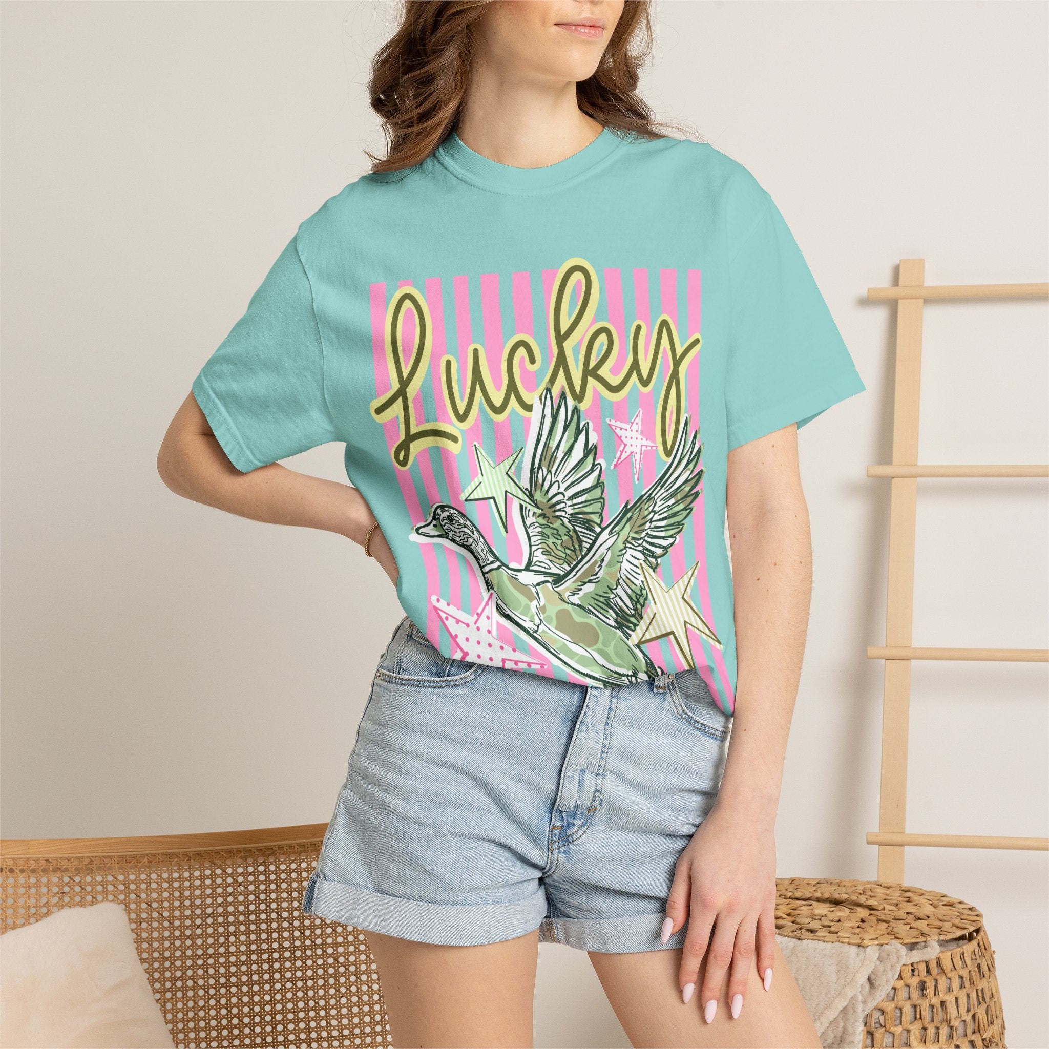 Lucky Duck T-Shirt — Retro Striped Graphic Tee with Flying Duck & Stars