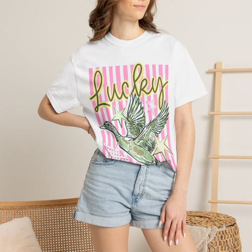 Lucky Duck T-Shirt — Retro Striped Graphic Tee with Flying Duck & Stars