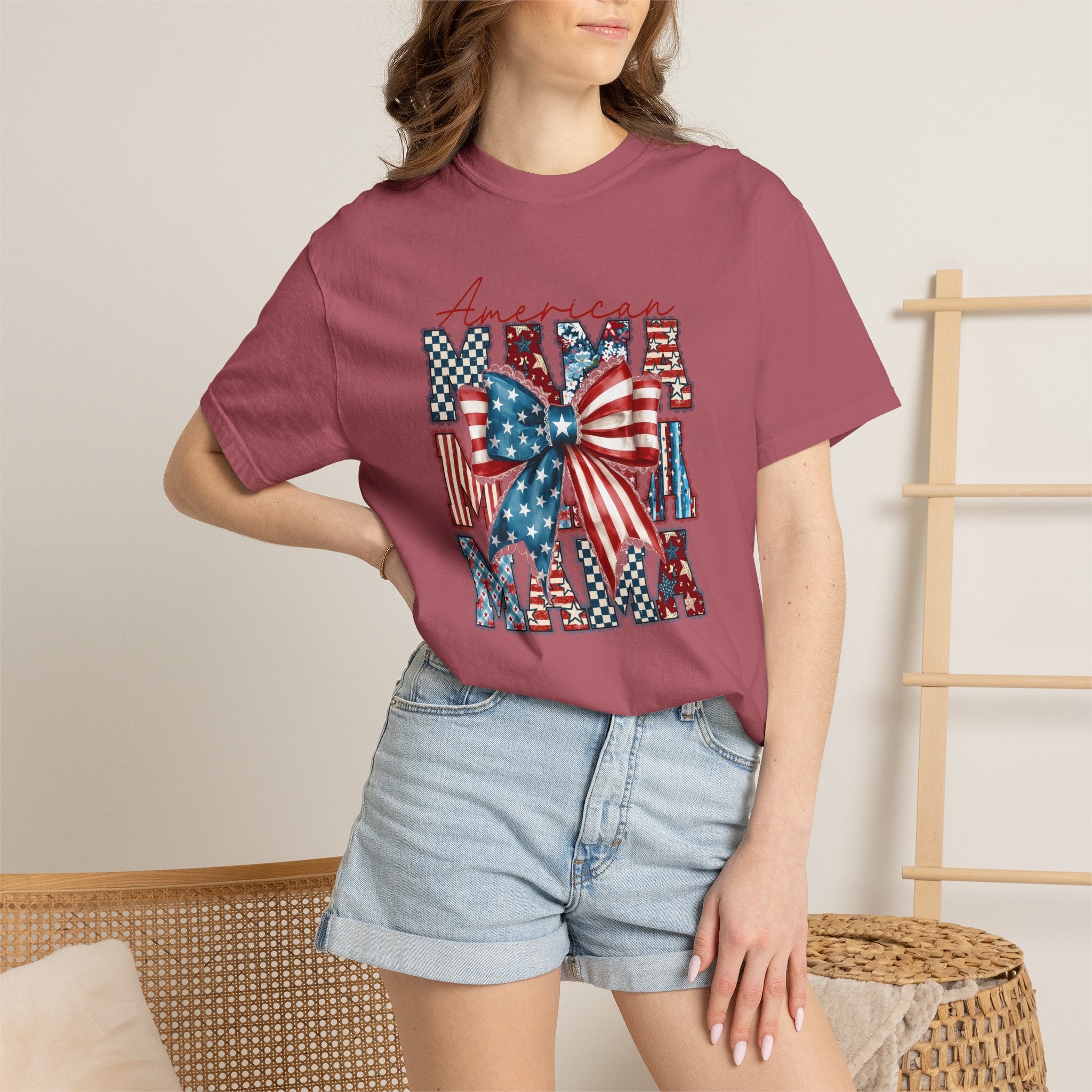 Patriotic Mama T-Shirt — American Flag Bow Graphic Tee