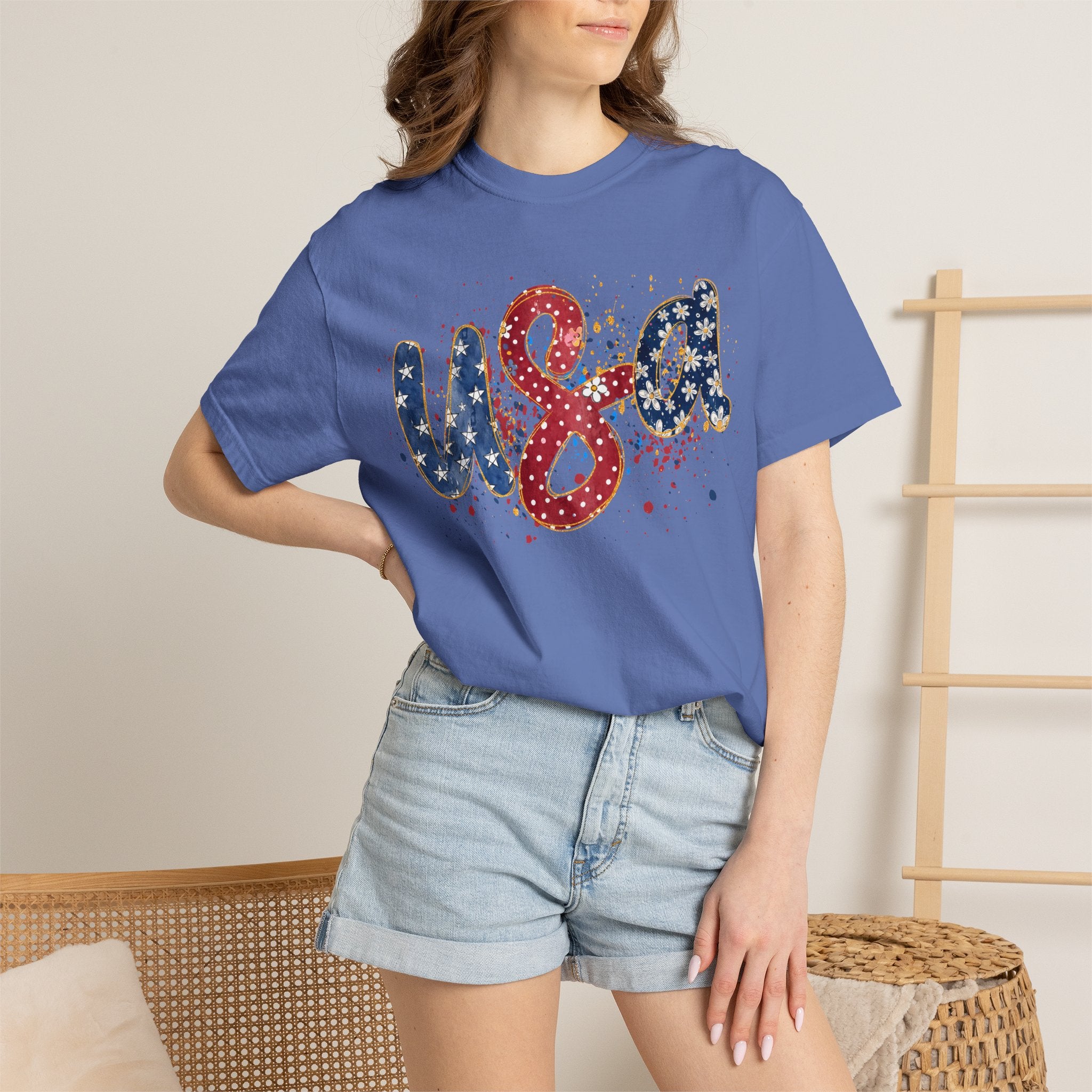 USA Sparkle Graphic T-Shirt — Patriotic Red White Blue Tee for 4th of July