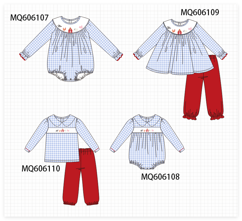 Blue farm embroidery gingham collection