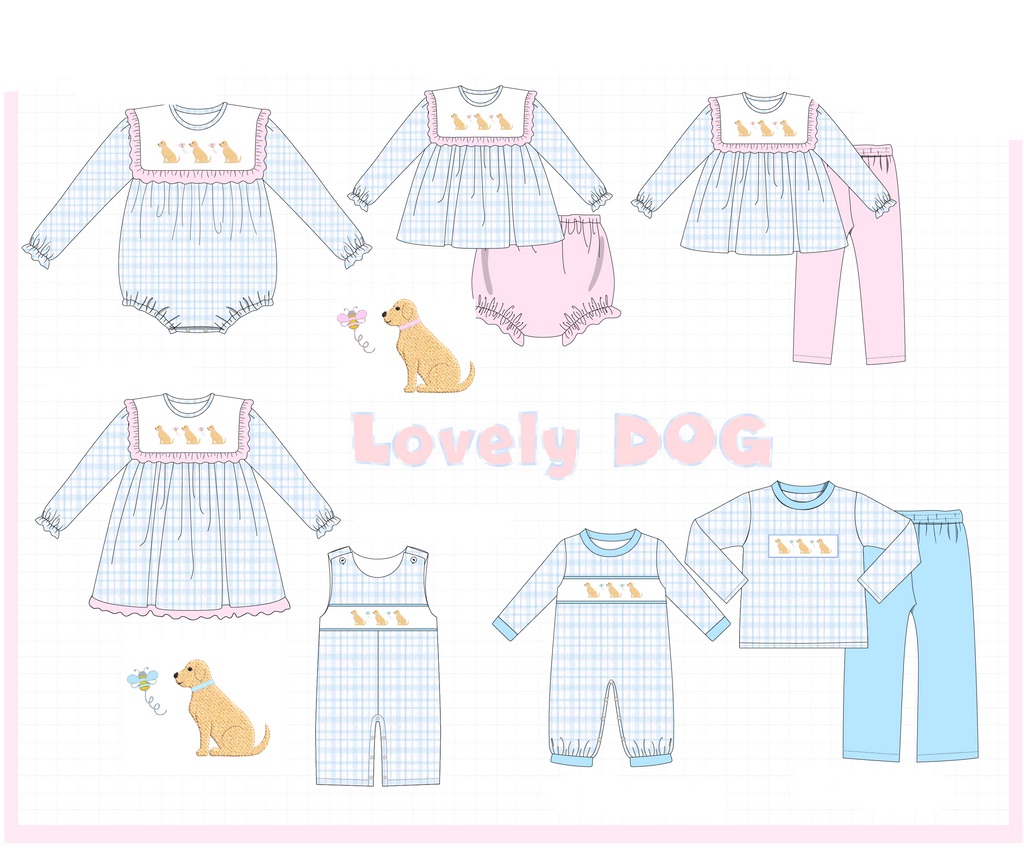 Blue puppy embroidery plaid collection