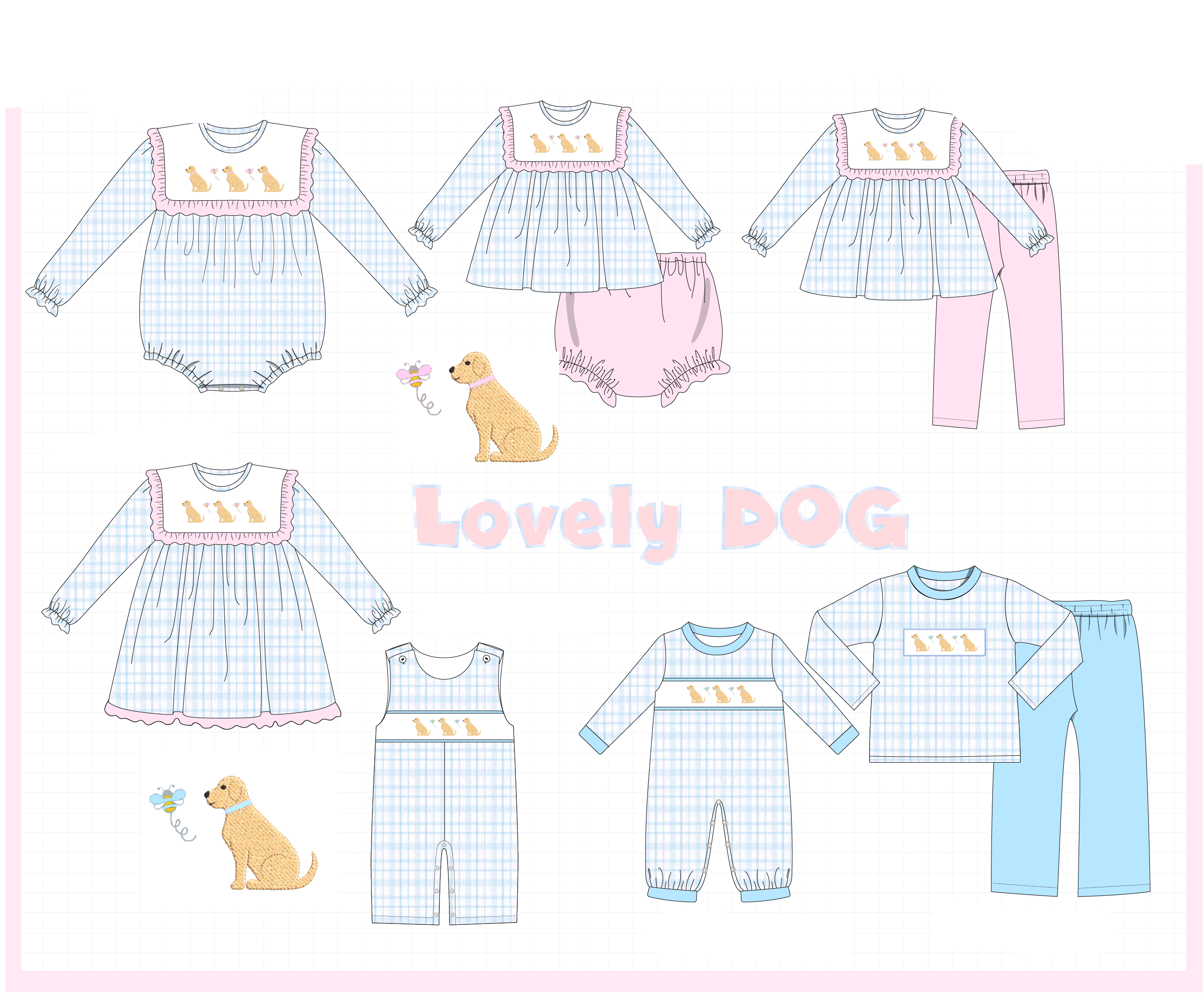 Blue puppy embroidery plaid collection